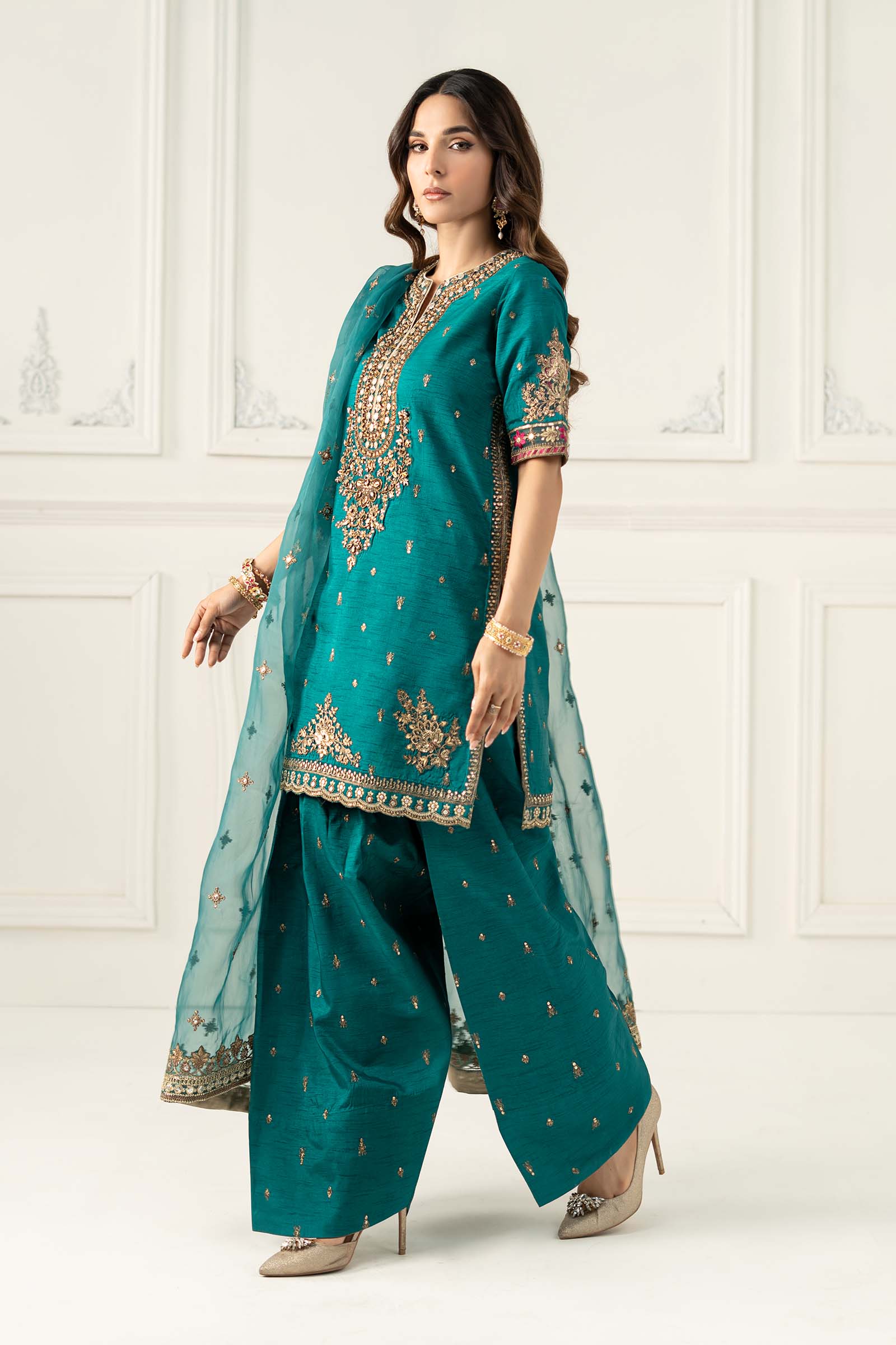 3 Piece Embroidered Raw Silk Suit