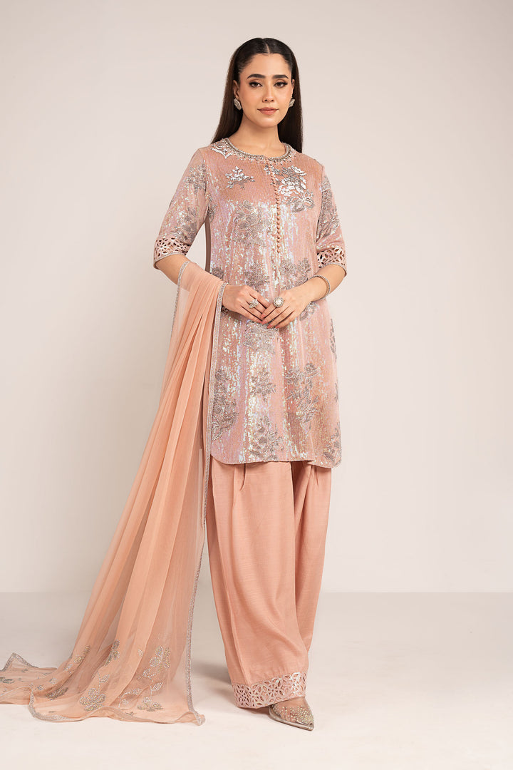 3 Piece Embroidered Chiffon Suit All Products SFE2606-ESM-PNK