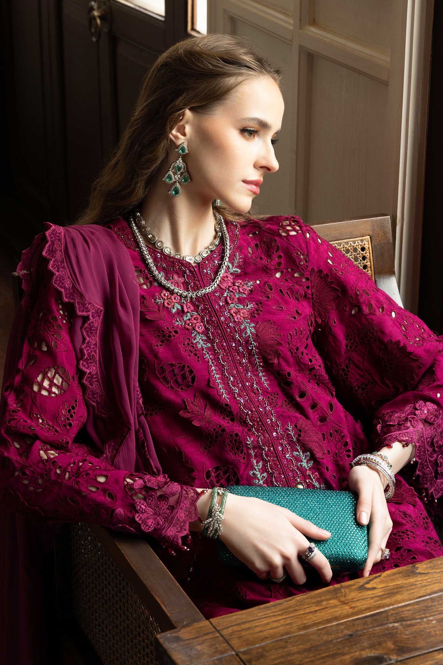 3 Piece Embroidered Raw Silk Suit