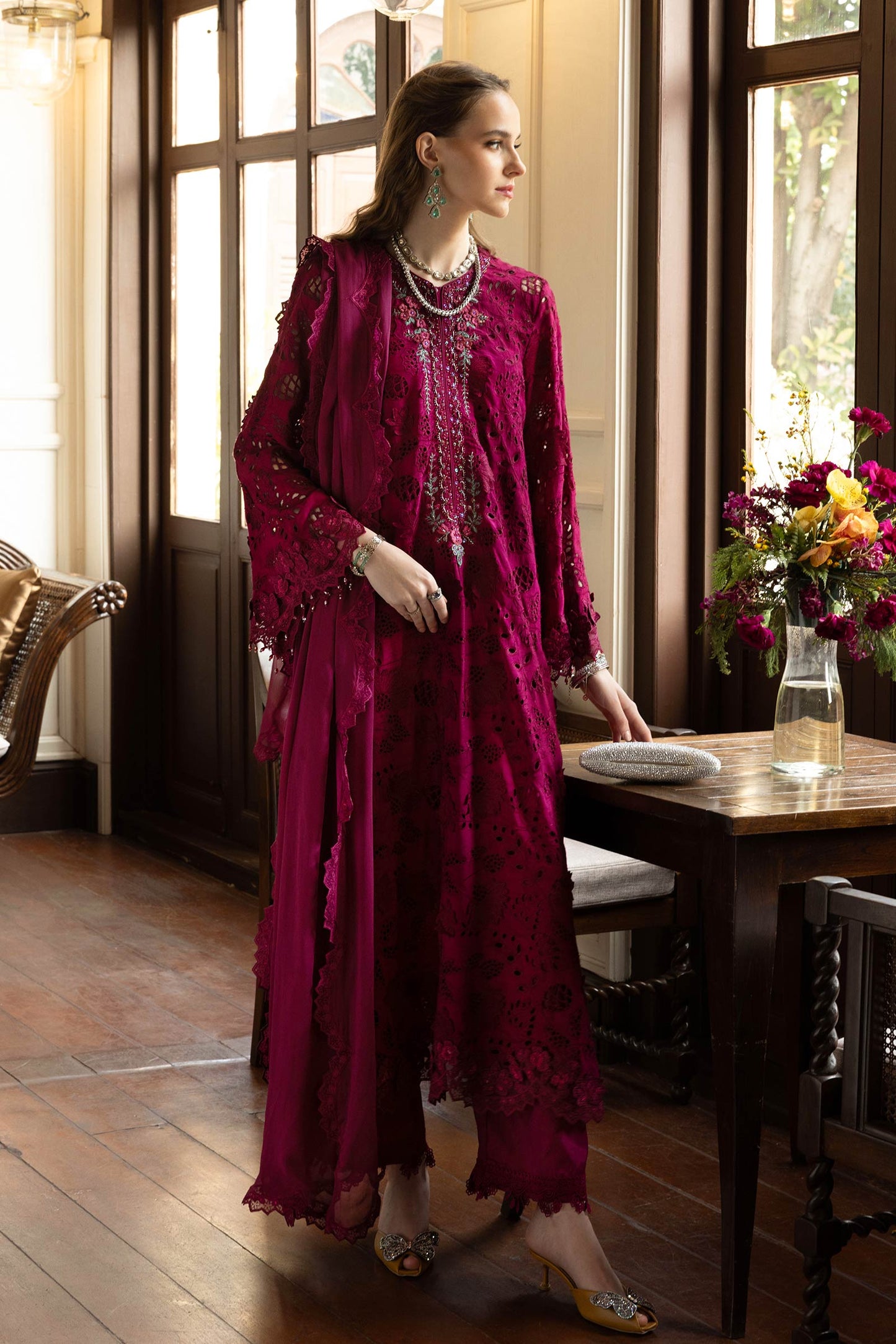 3 Piece Embroidered Raw Silk Suit