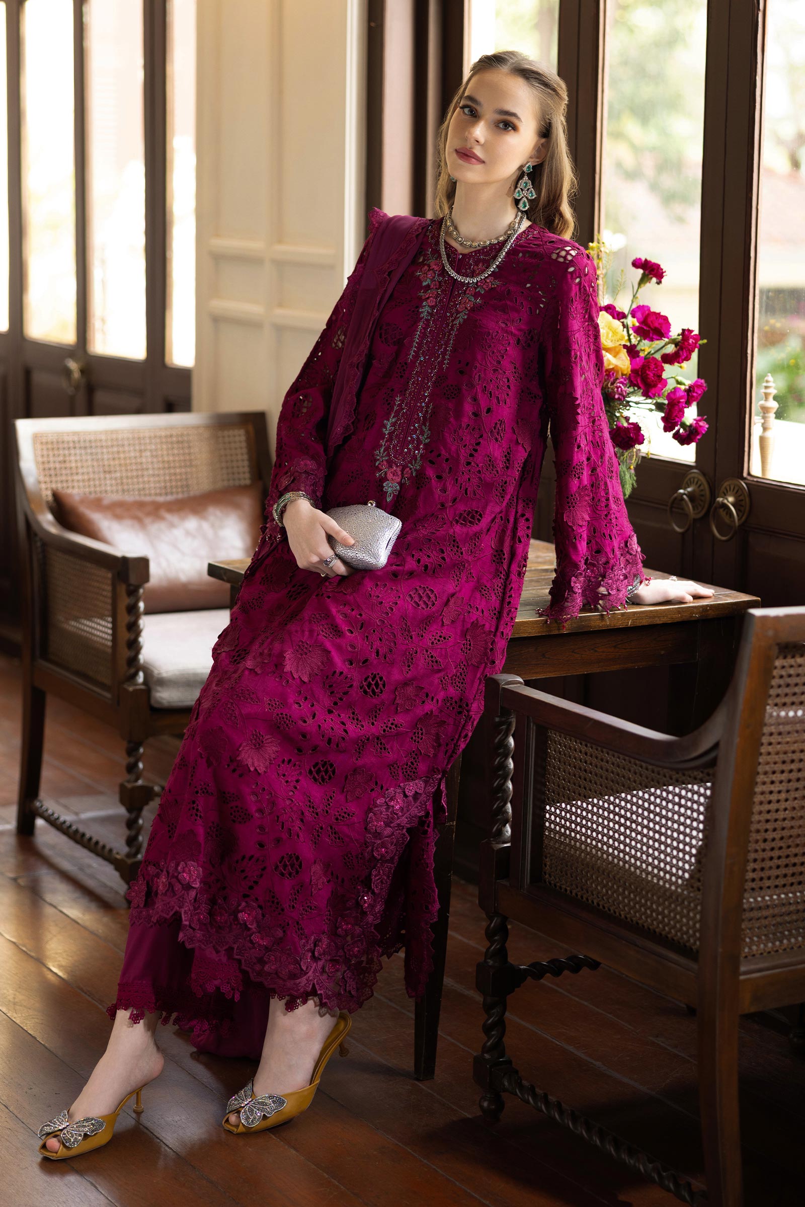 3 Piece Embroidered Raw Silk Suit