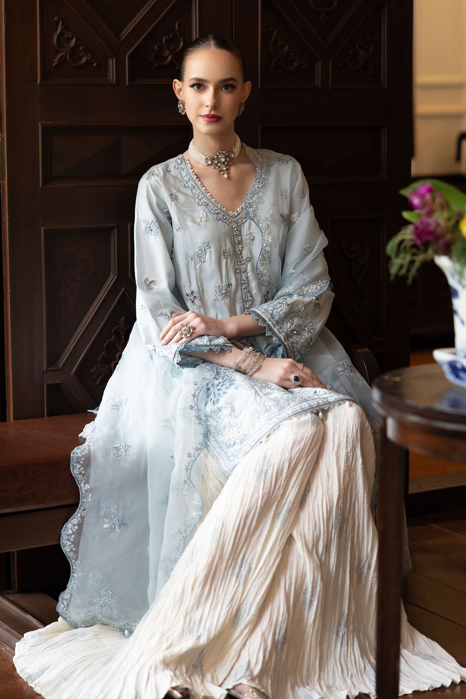 3 Piece Embroidered Raw Silk Suit