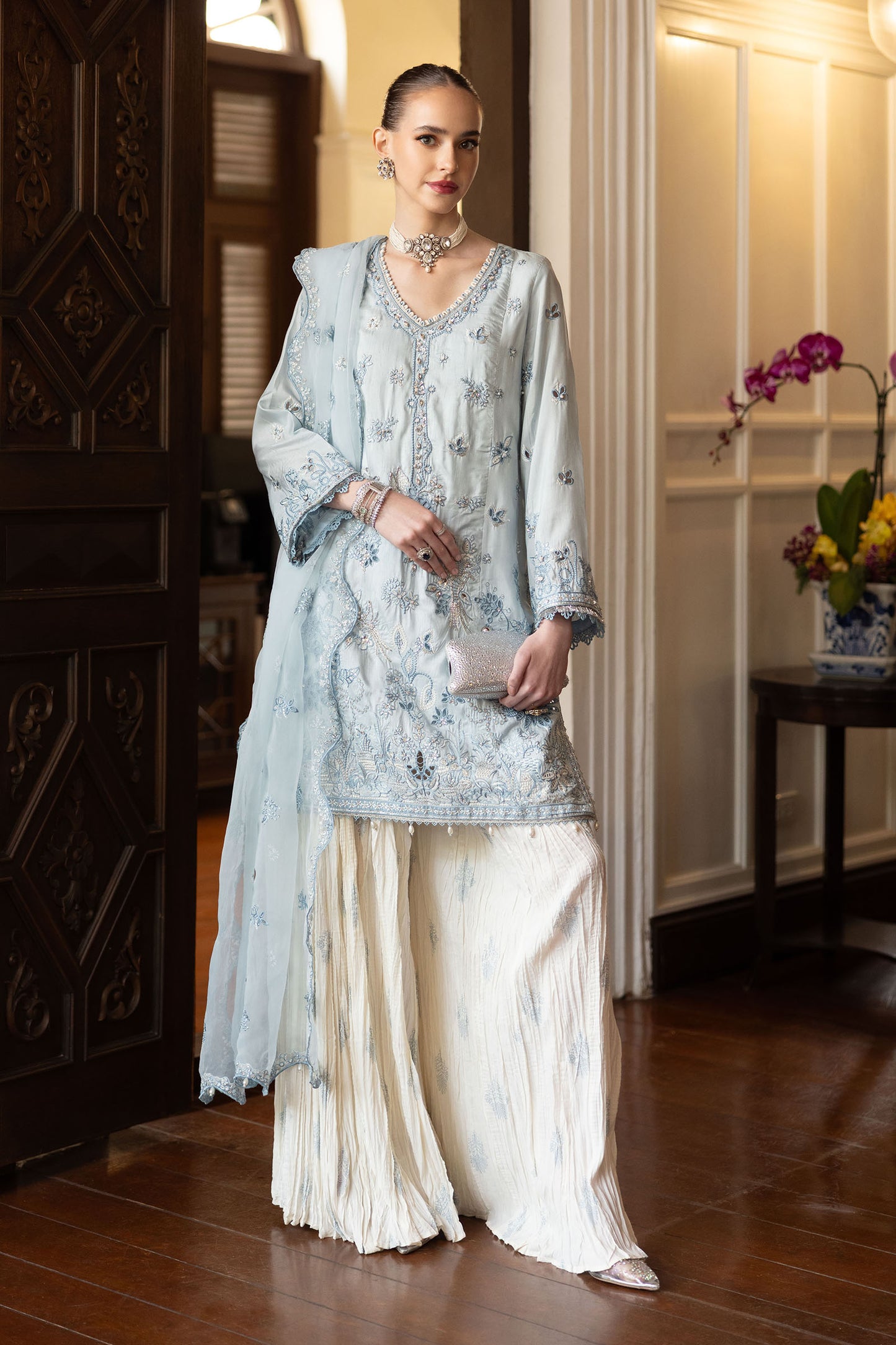 3 Piece Embroidered Raw Silk Suit