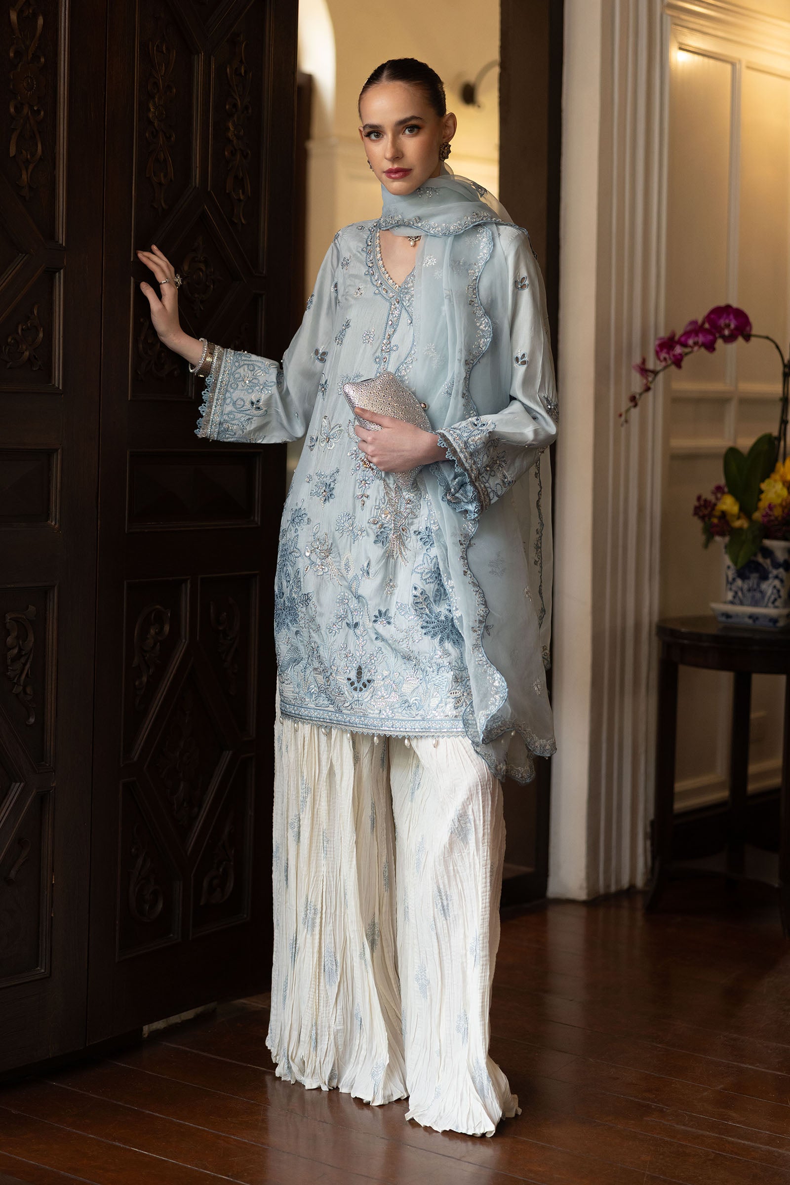 3 Piece Embroidered Raw Silk Suit