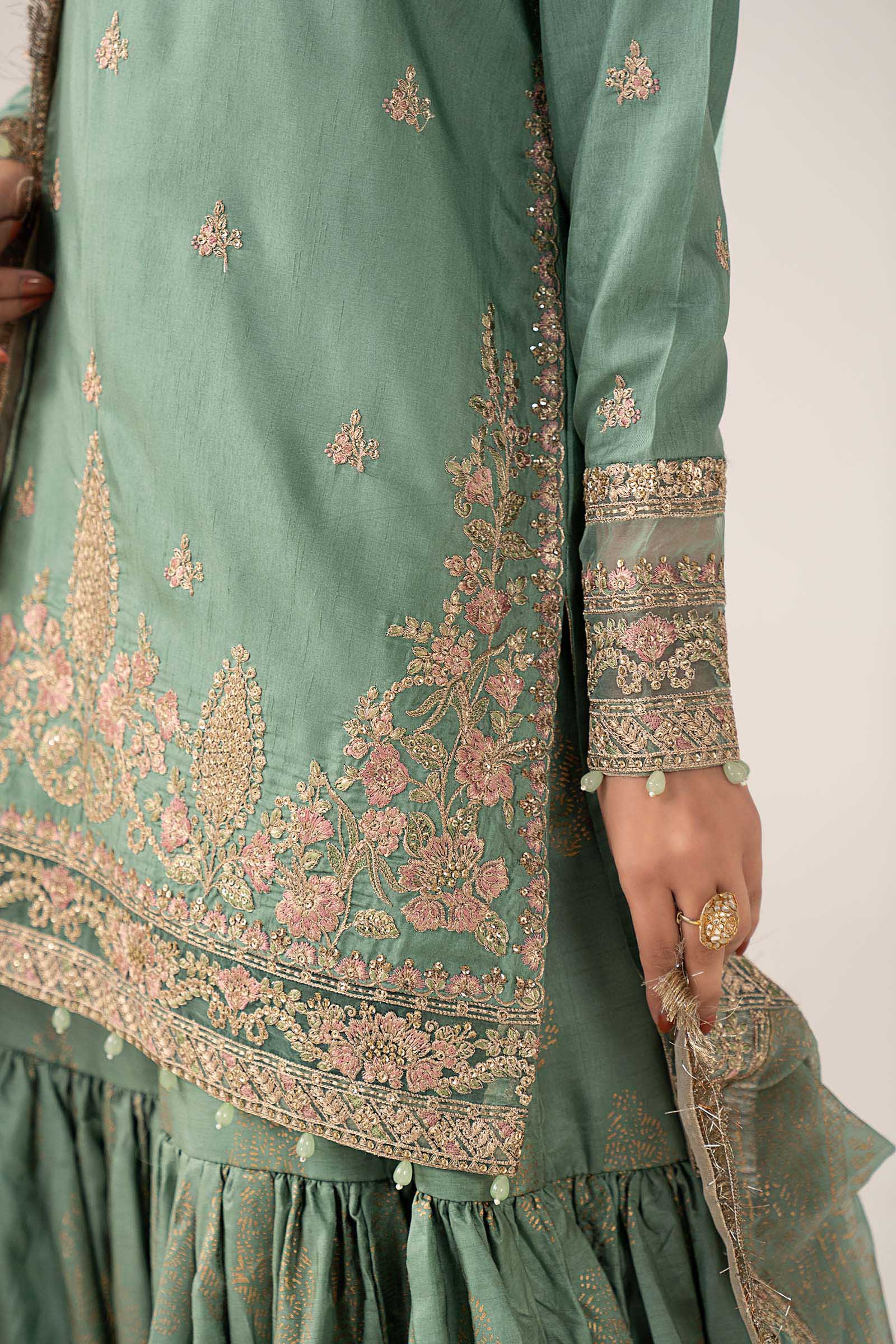 3 Piece Embroidered Raw Silk Suit