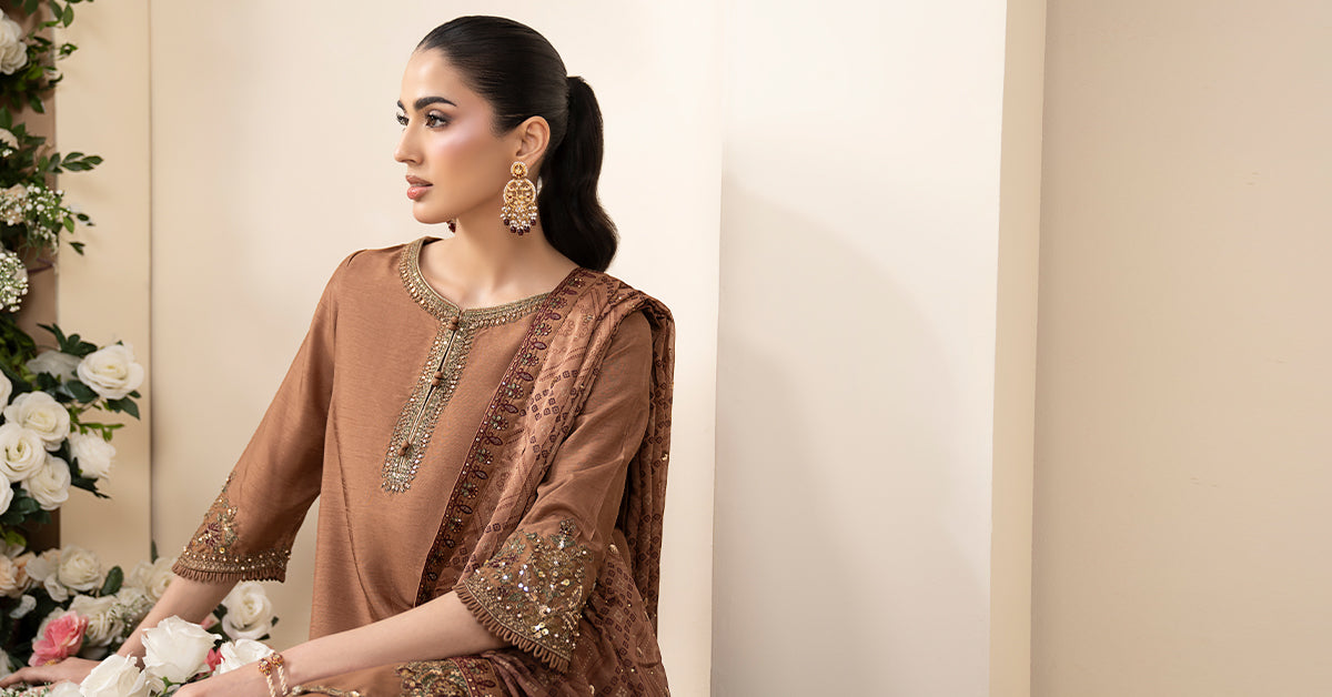 3 Piece Embroidered Raw Silk Suit