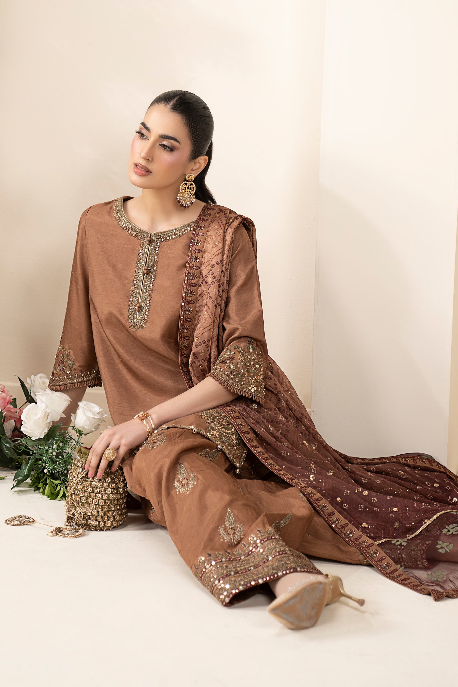 3 Piece Embroidered Raw Silk Suit