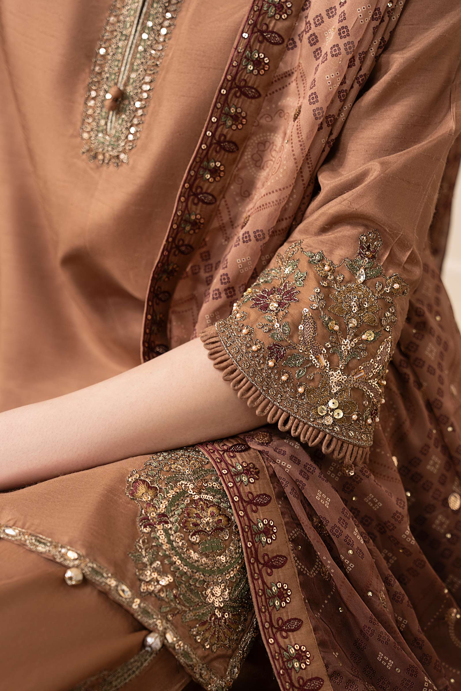 3 Piece Embroidered Raw Silk Suit