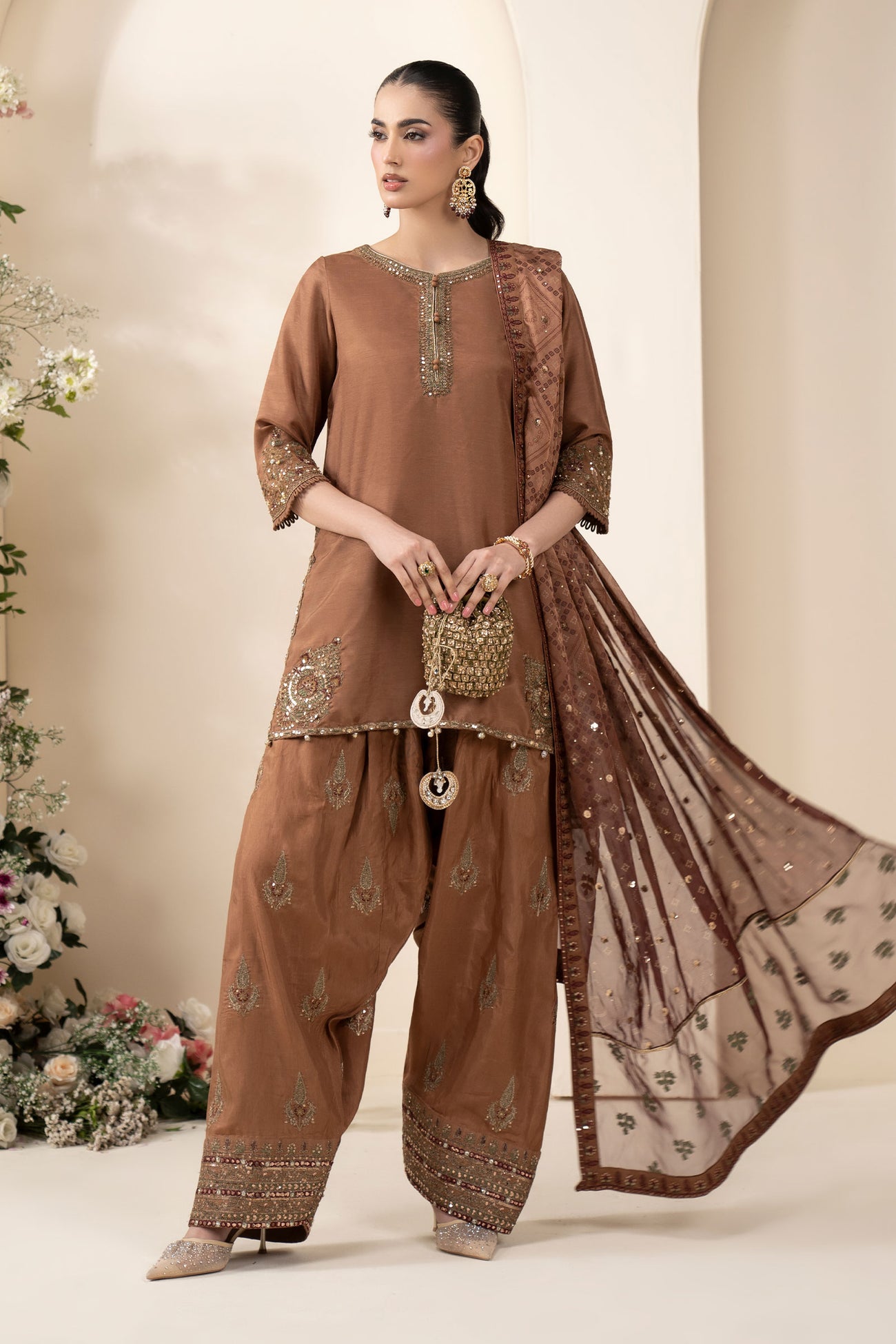 3 Piece Embroidered Raw Silk Suit