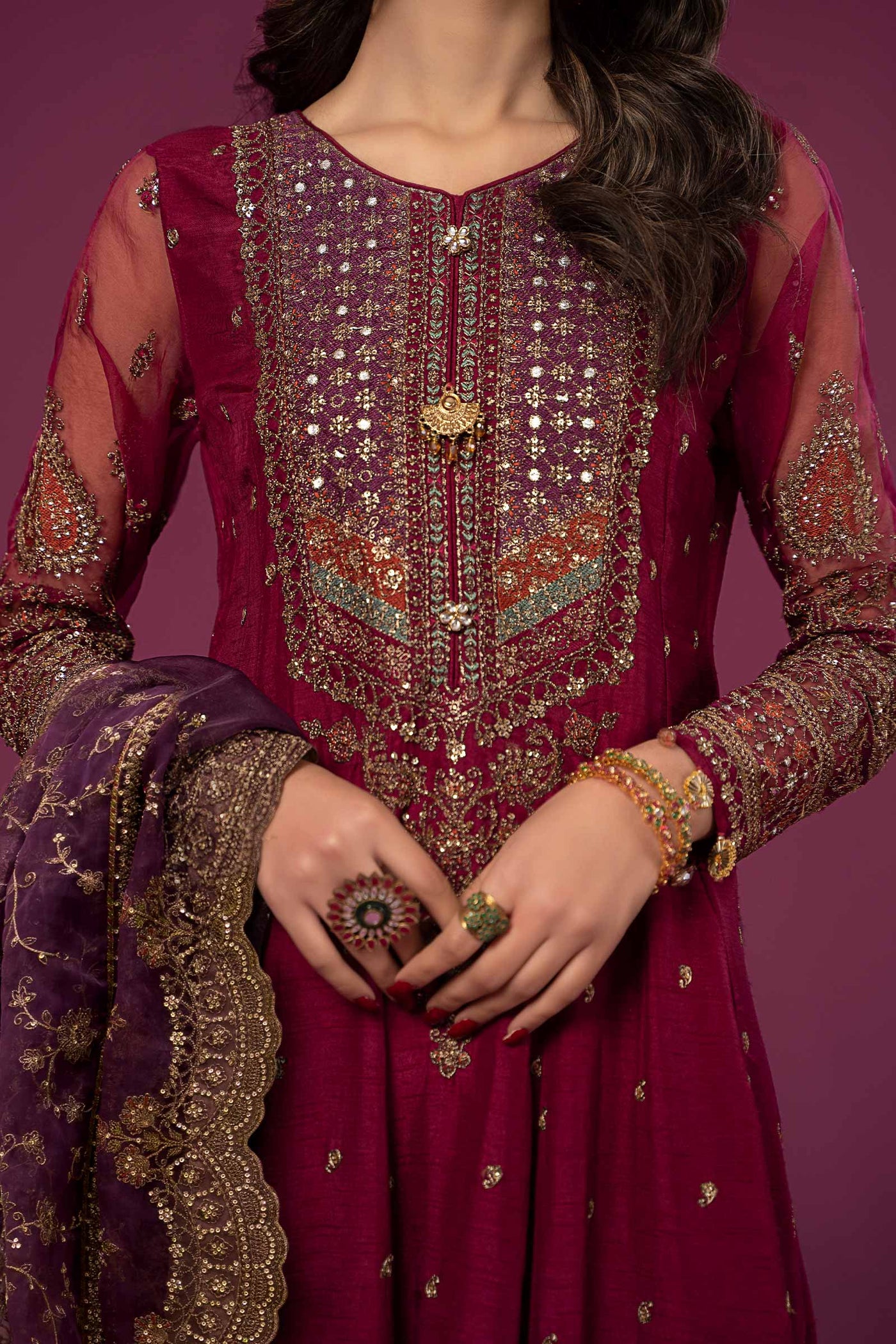 3 Piece Embroidered Raw Silk Suit
