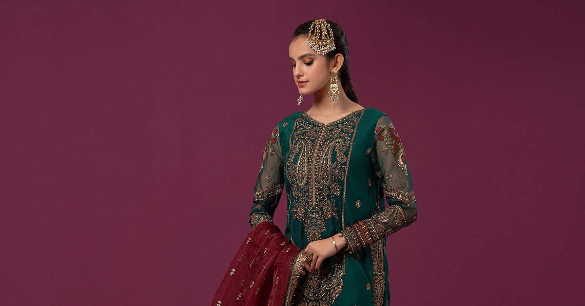 3 Piece Embroidered Raw Silk Suit