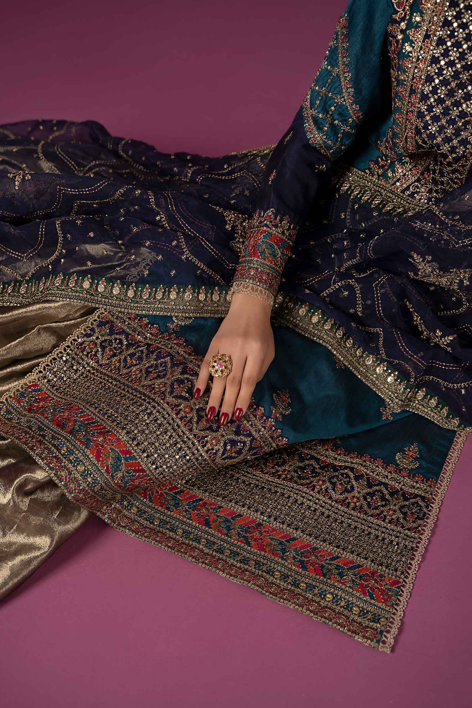 3 Piece Embroidered Raw Silk Suit