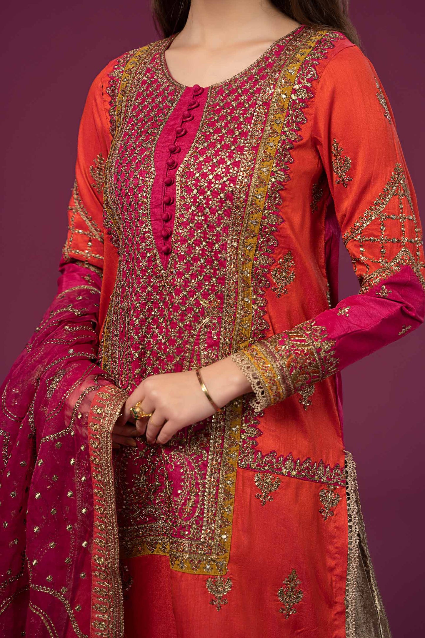 3 Piece Embroidered Raw Silk Suit