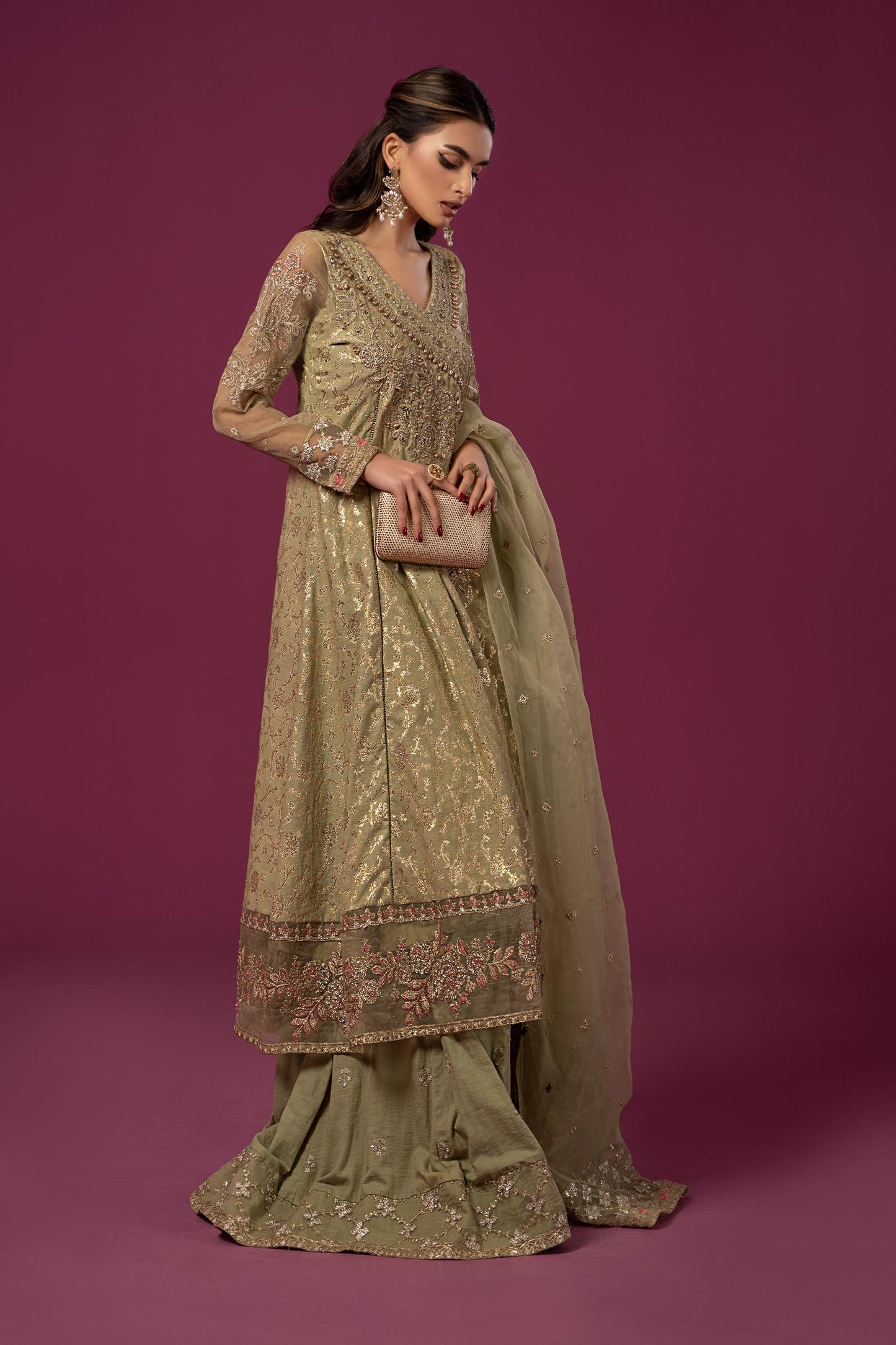 3 Piece Embroidered Cotton Lurex Jacquard Suit