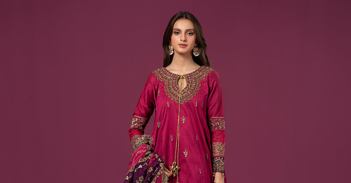 3 Piece Embroidered Raw Silk Suit