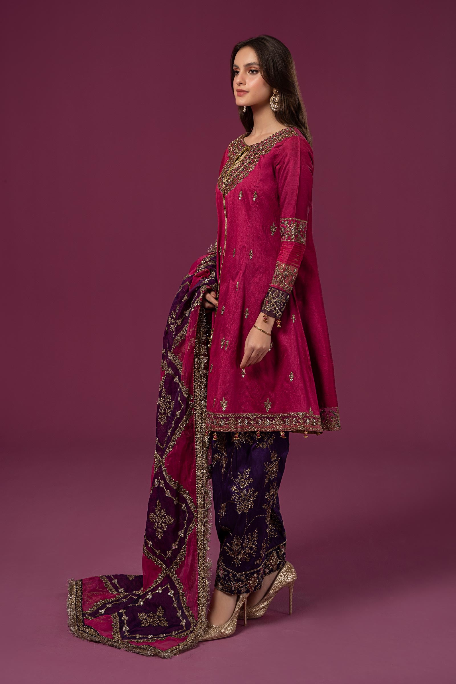 3 Piece Embroidered Raw Silk Suit