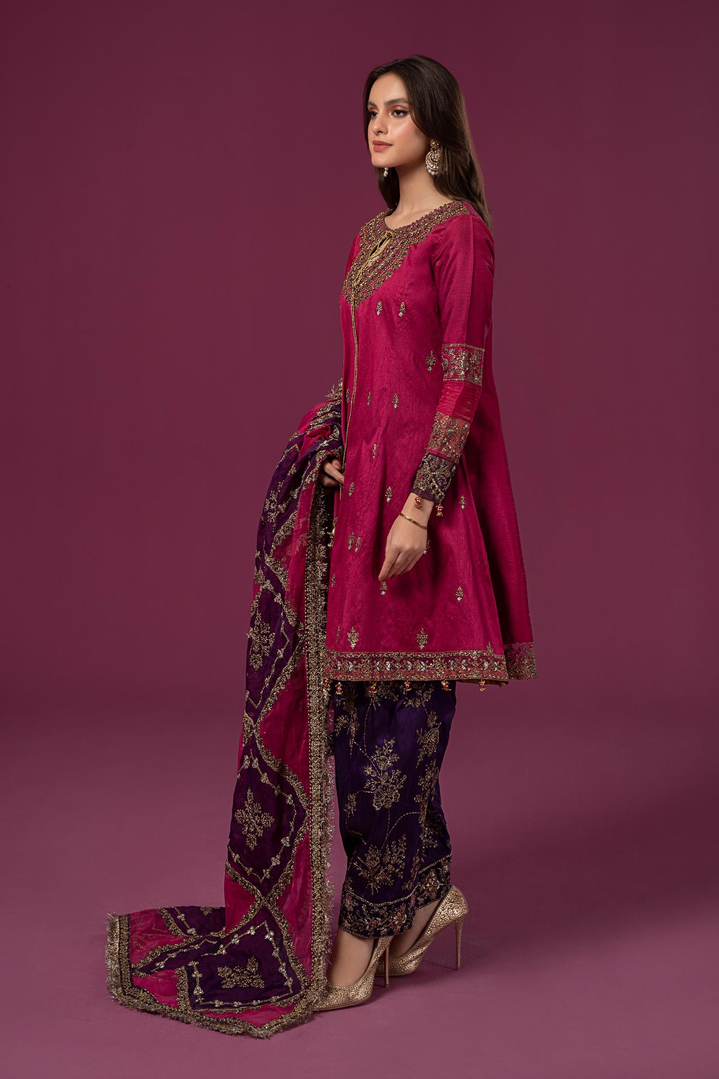 3 Piece Embroidered Raw Silk Suit