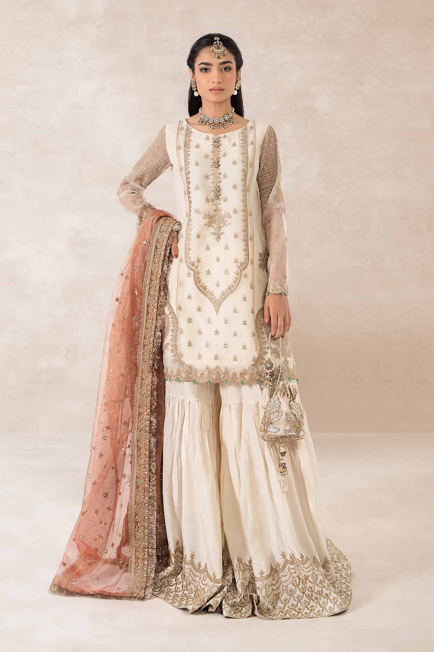 3 Piece Embroidered Bamber Raw Silk Suit | SF-PF24-04