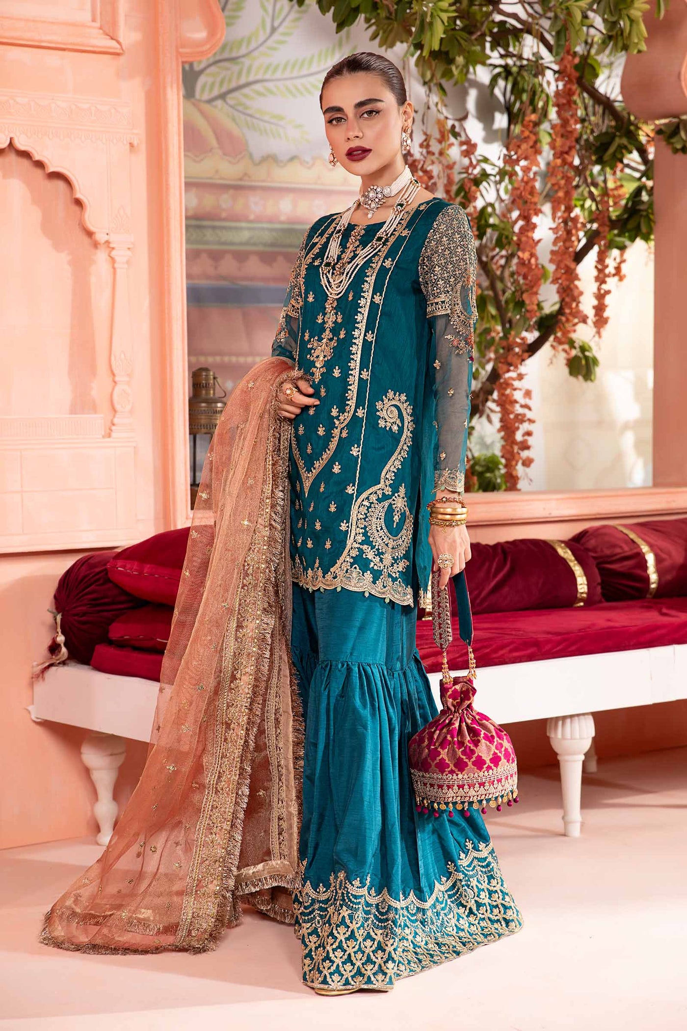 3 Piece Embroidered Bamber Raw Silk Suit
