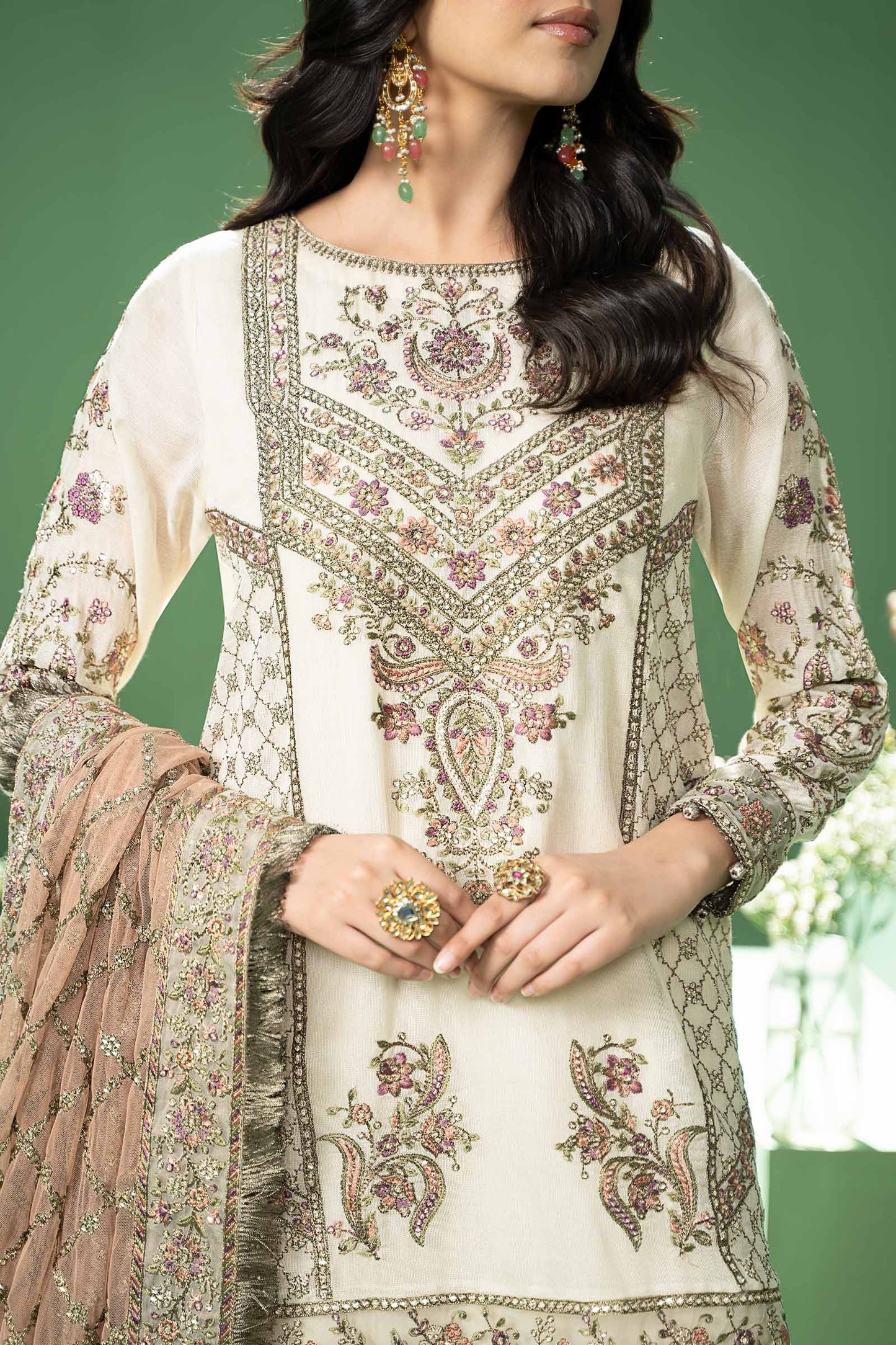 3 Piece Embroidered Silk Cotton Net Suit