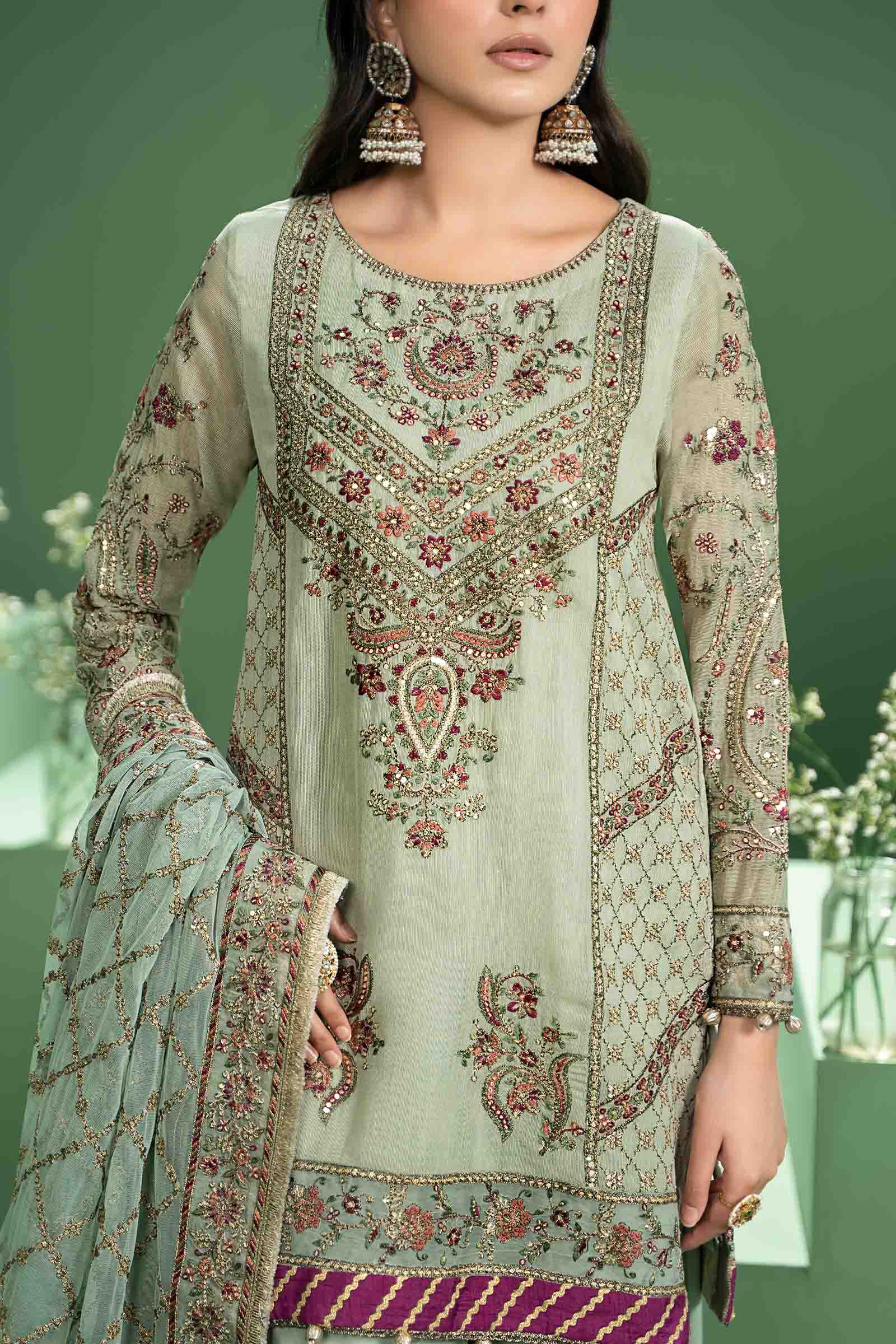 3 Piece Embroidered Silk Cotton Net Suit