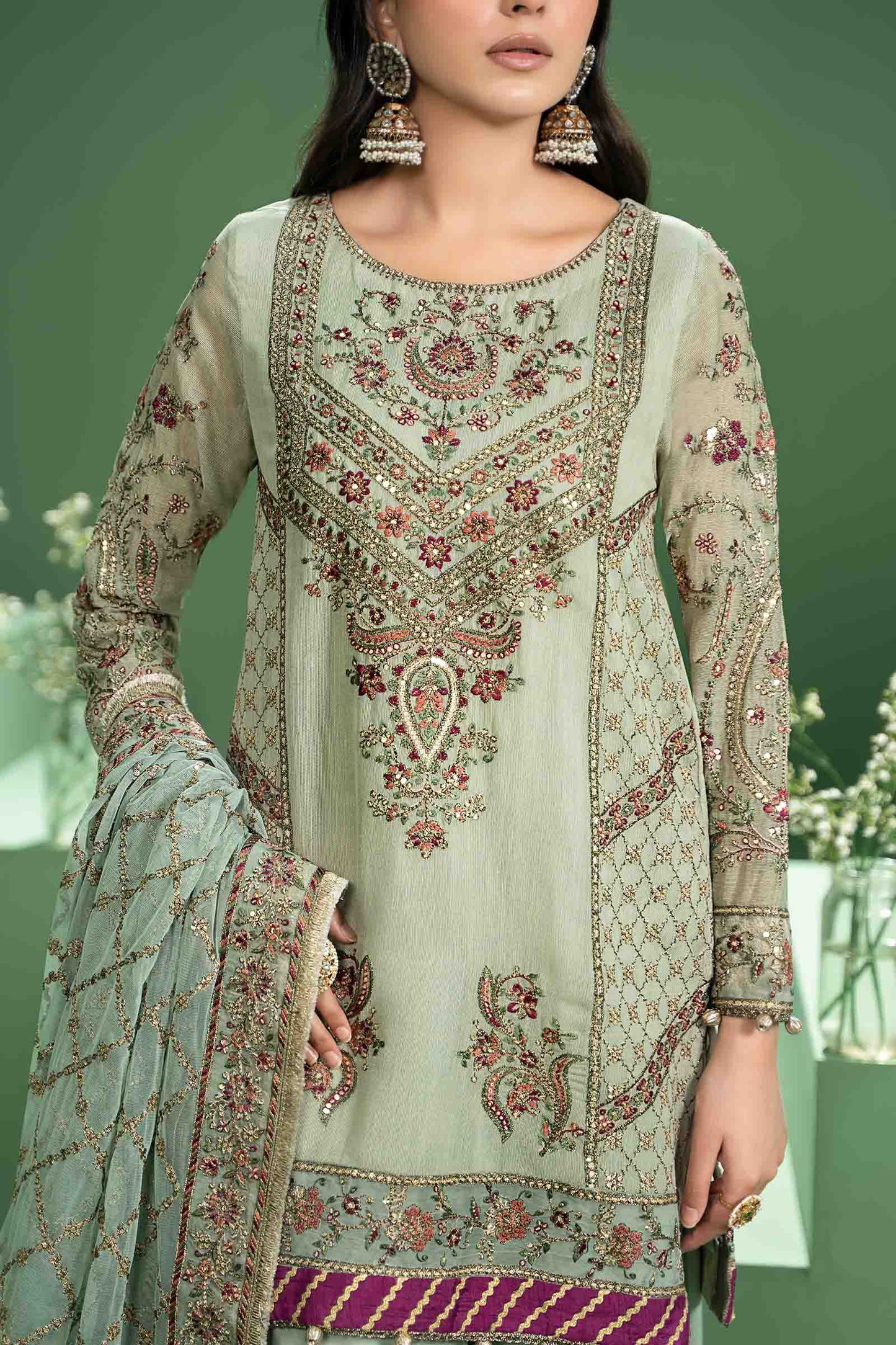 3 Piece Embroidered Silk Cotton Net Suit