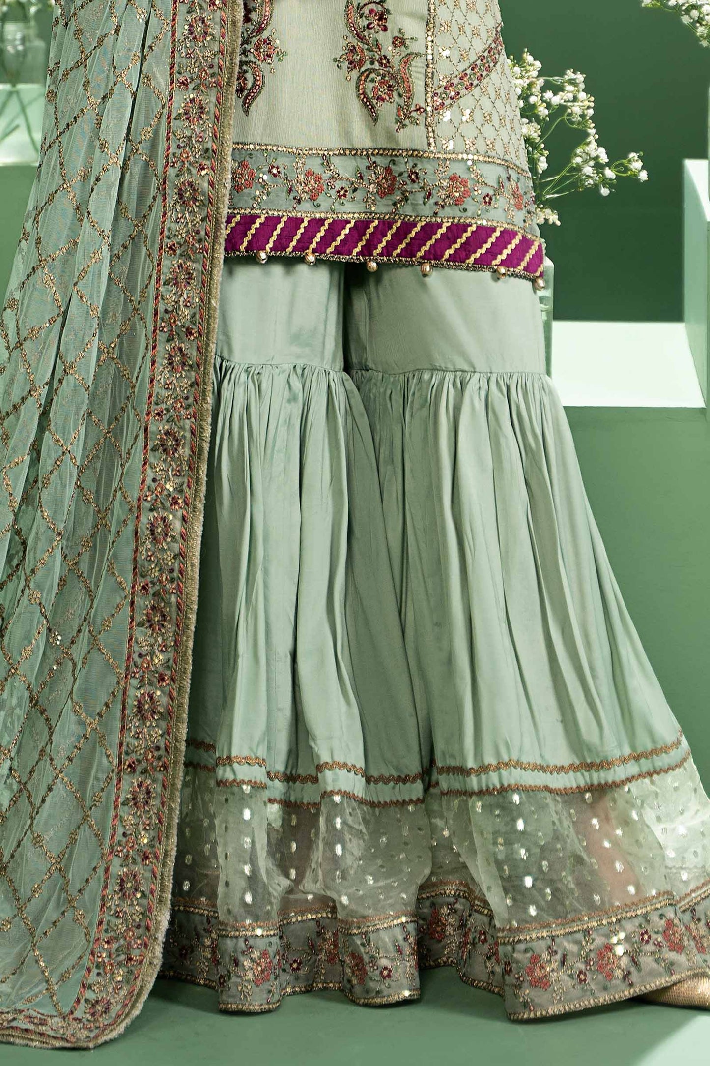 3 Piece Embroidered Silk Cotton Net Suit