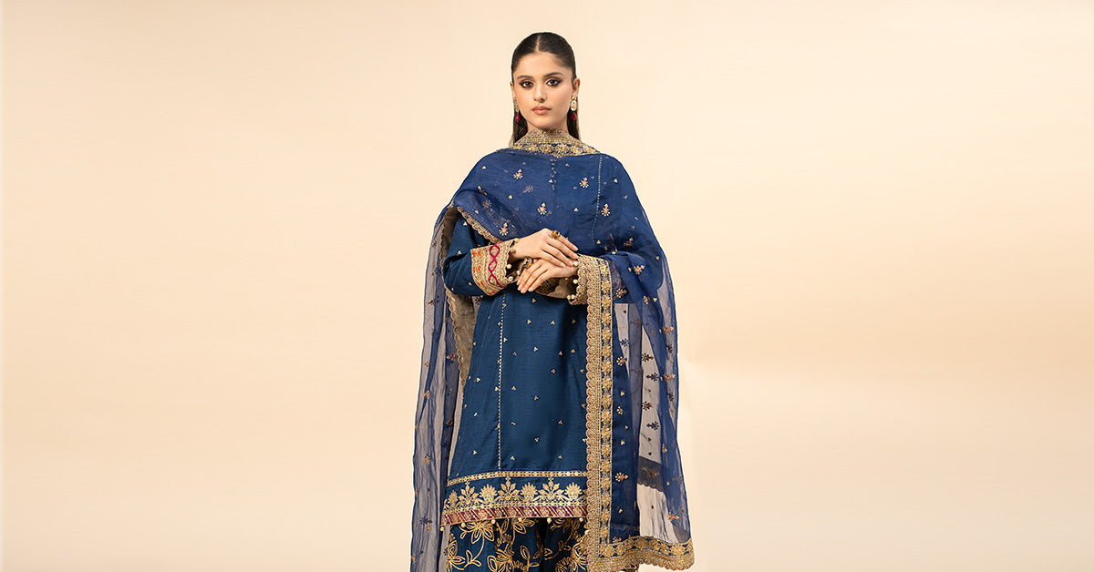 3 Piece Embroidered Raw Silk Suit