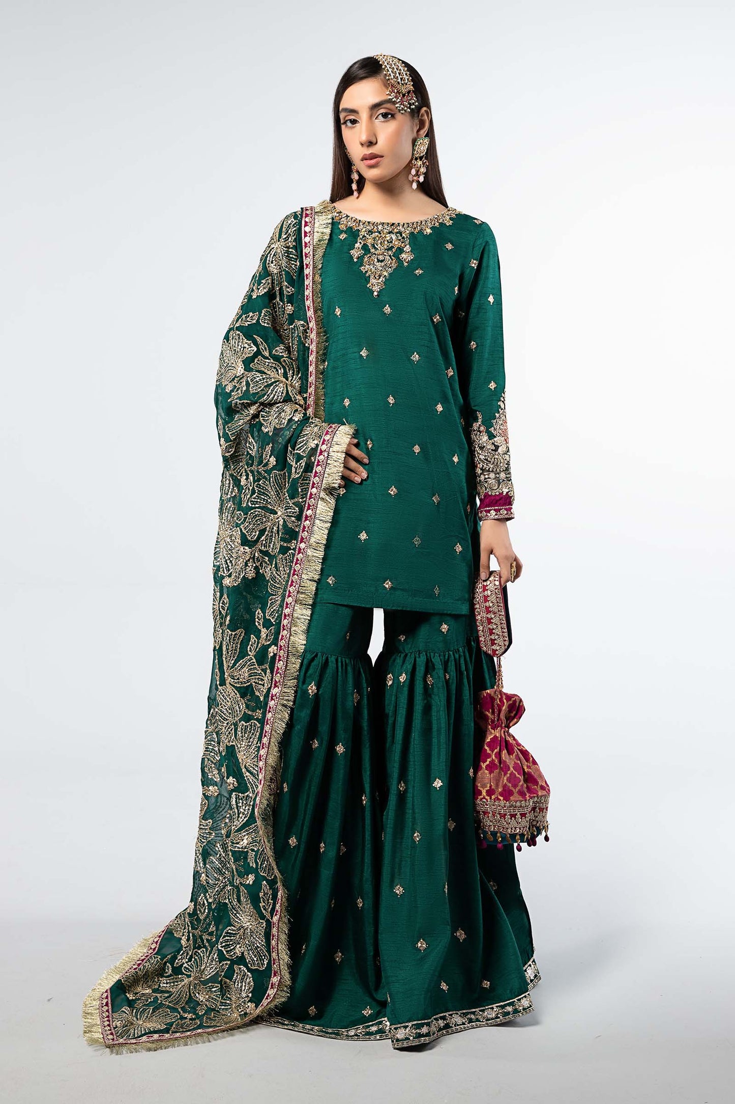 3 Piece Embroidered Raw Silk Suit