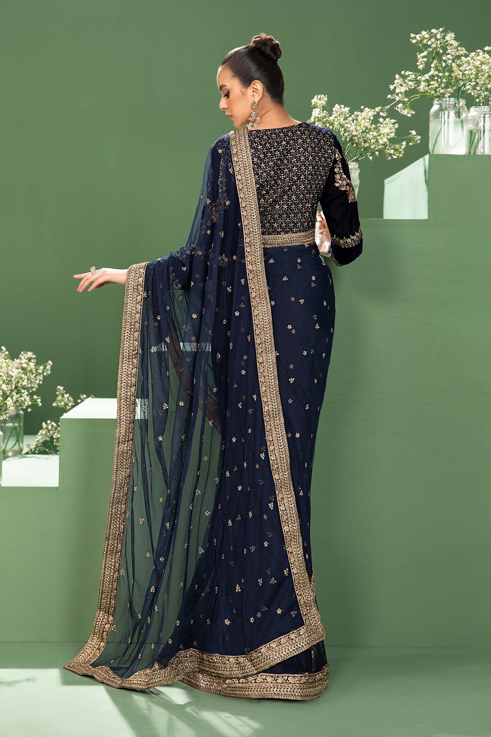 3 Piece Embroidered Net Saree