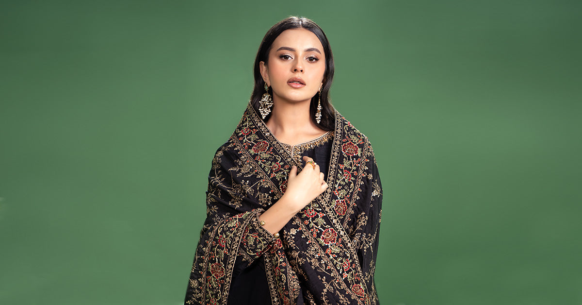 3 Piece Embroidered Raw Silk Suit