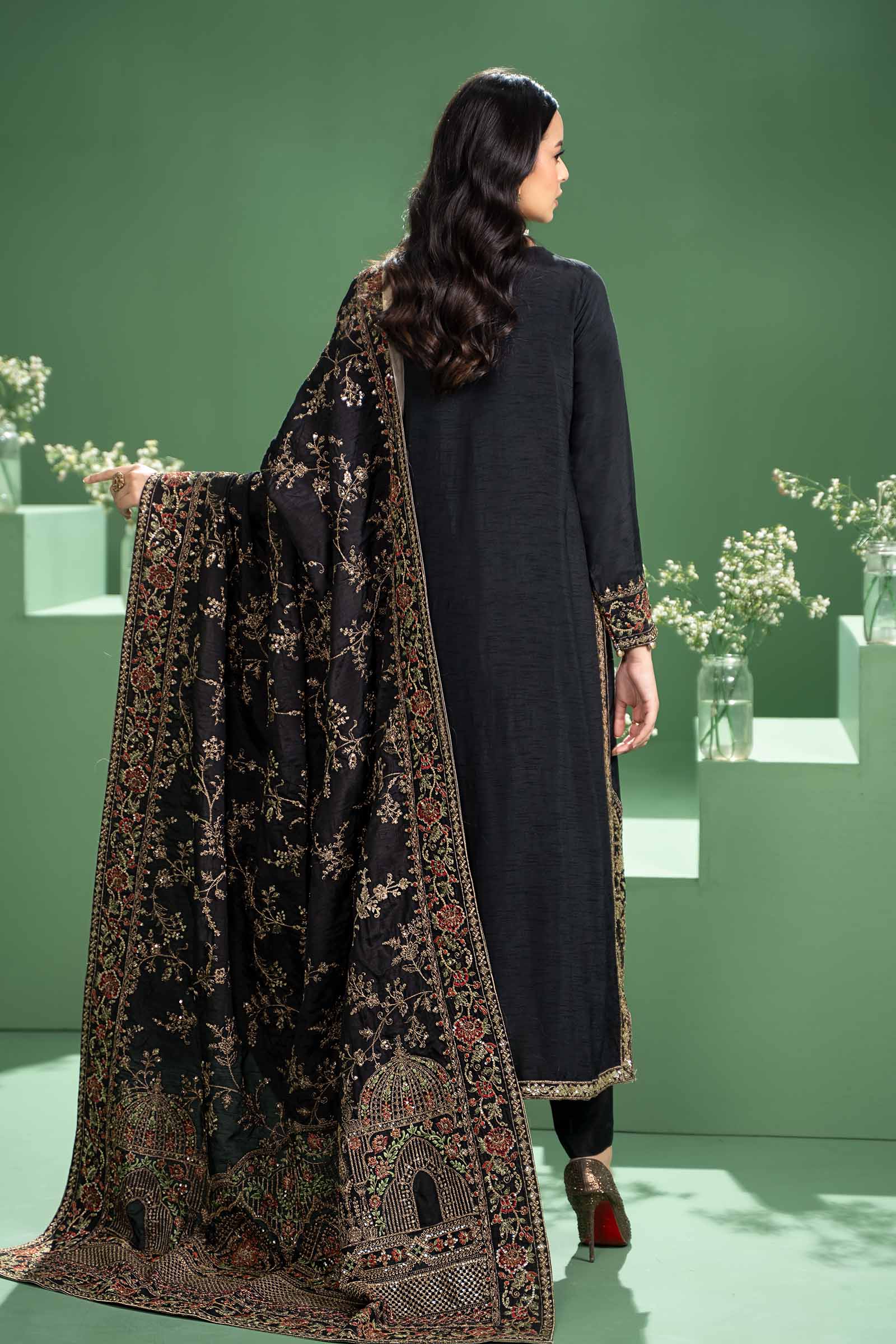 3 Piece Embroidered Raw Silk Suit