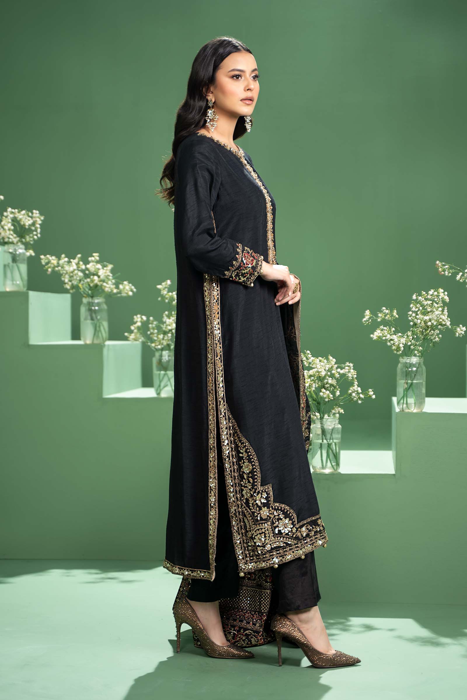 3 Piece Embroidered Raw Silk Suit