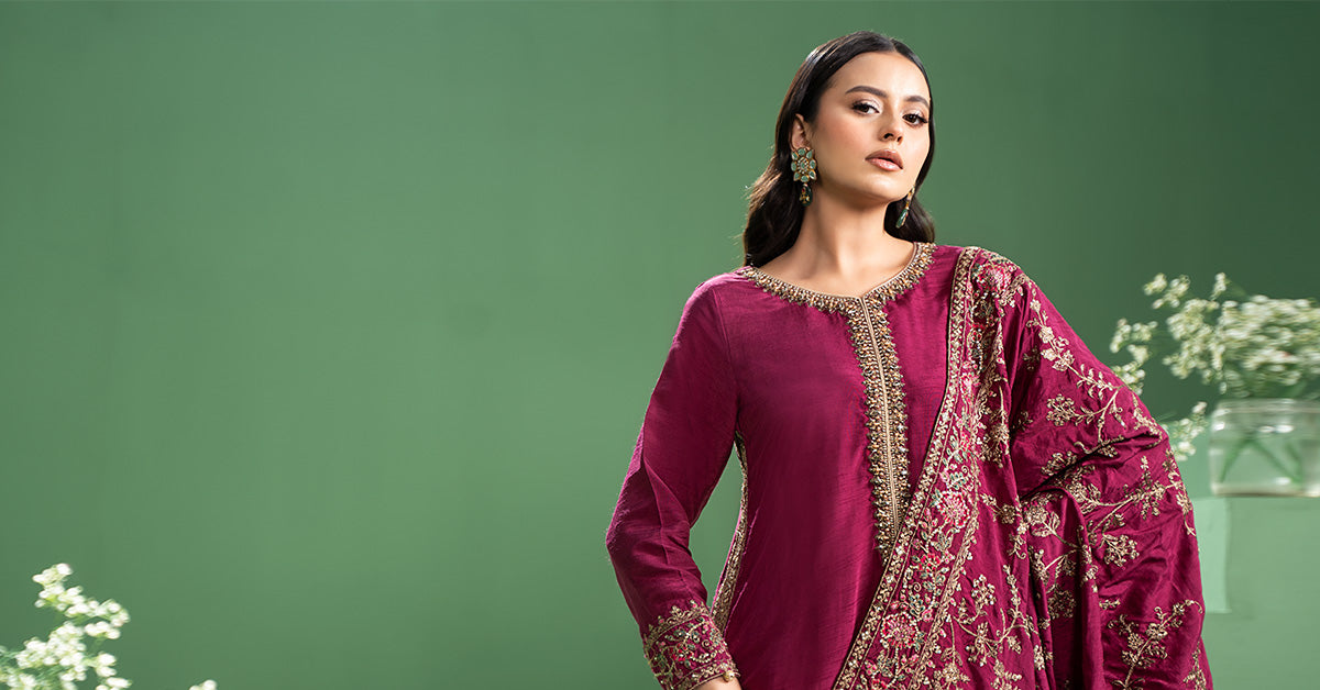3 Piece Embroidered Raw Silk Suit