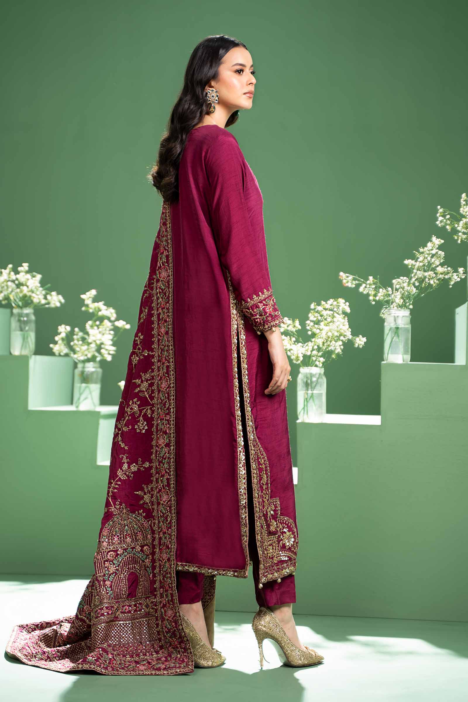 3 Piece Embroidered Raw Silk Suit