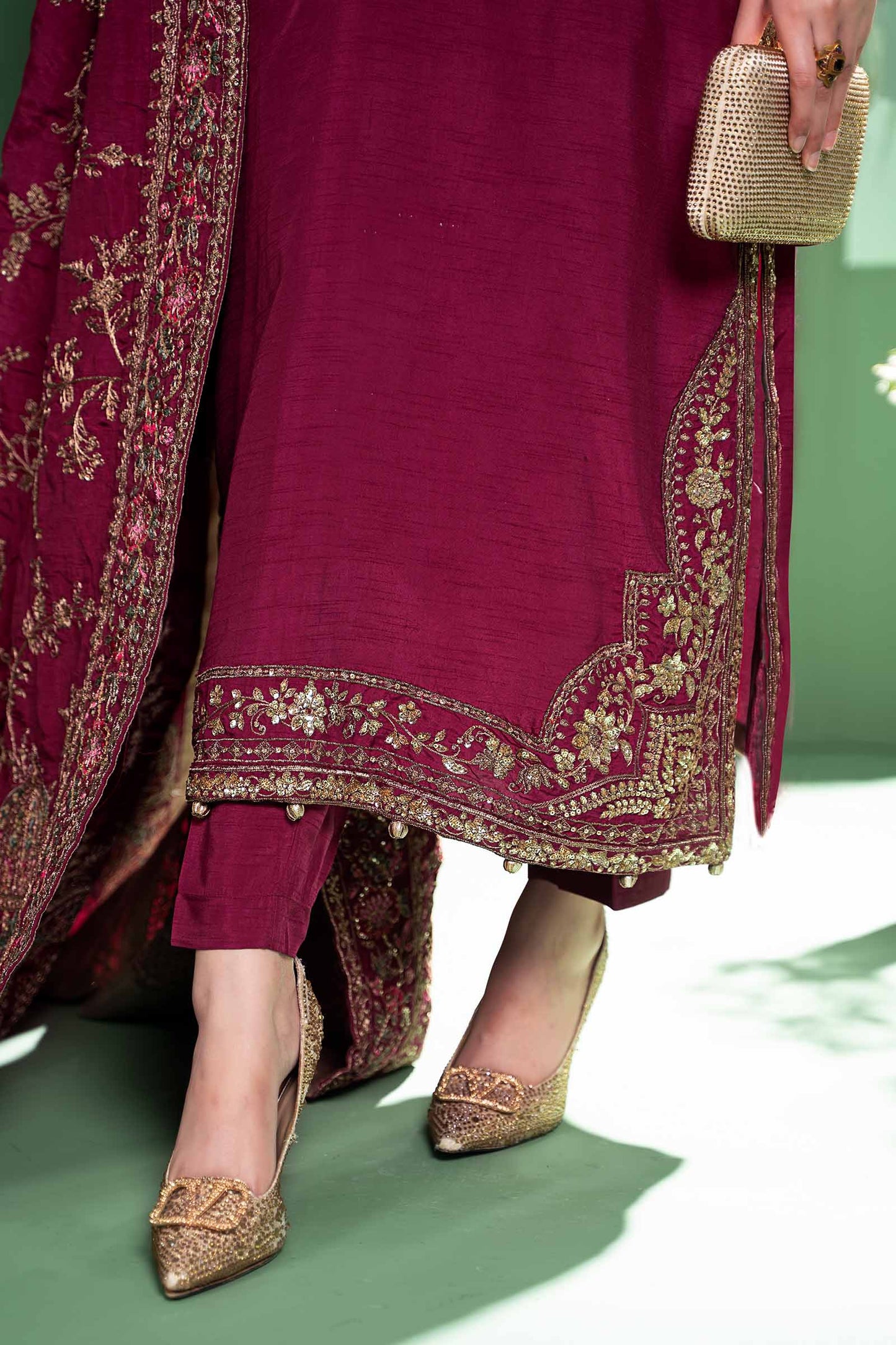 3 Piece Embroidered Raw Silk Suit