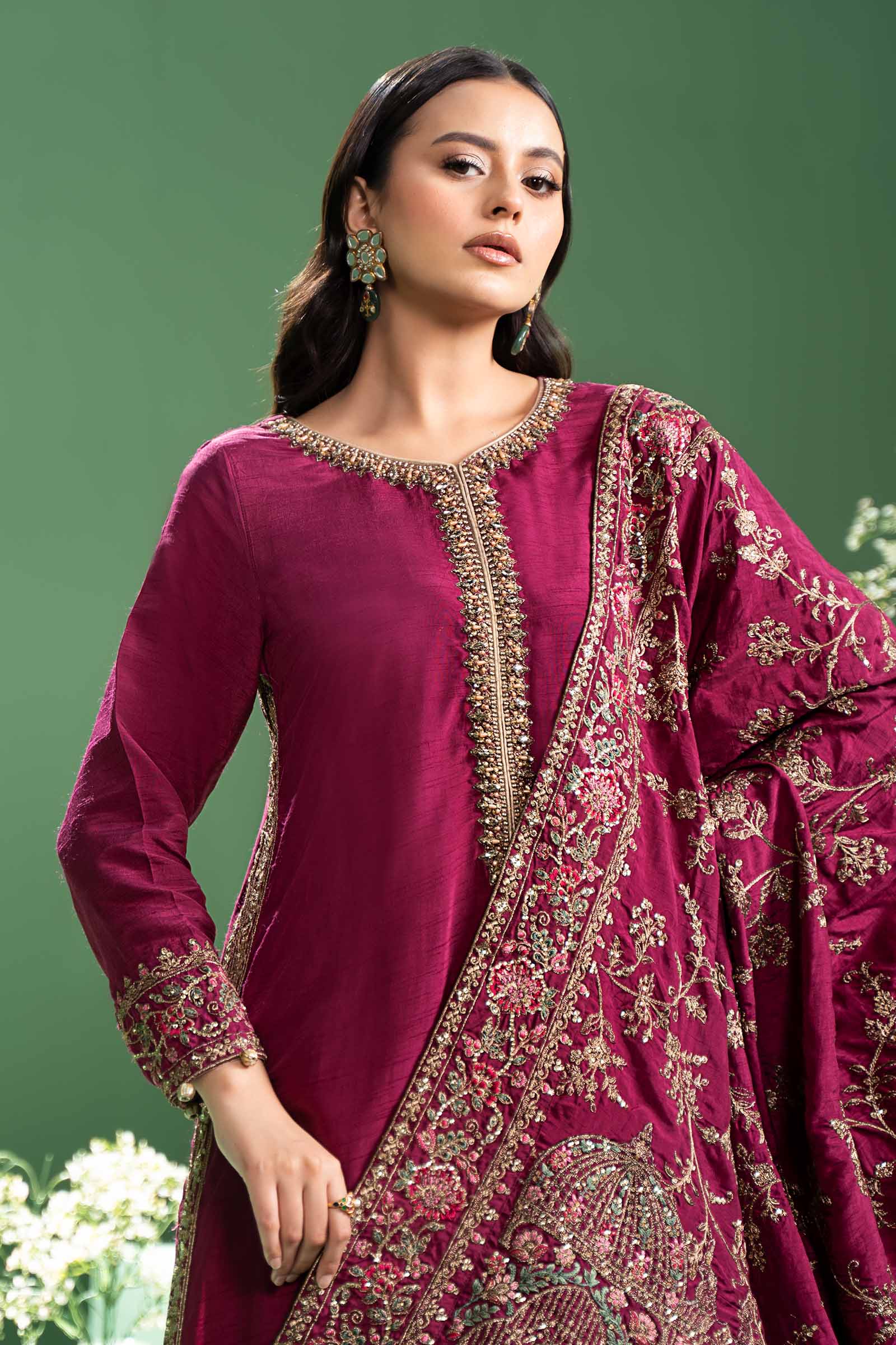 3 Piece Embroidered Raw Silk Suit
