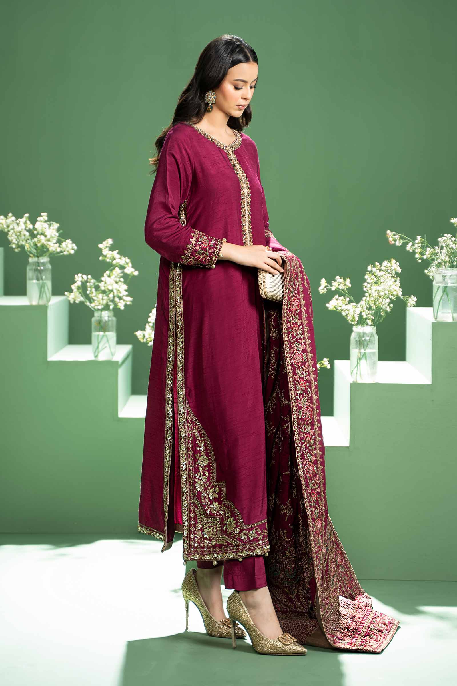 3 Piece Embroidered Raw Silk Suit
