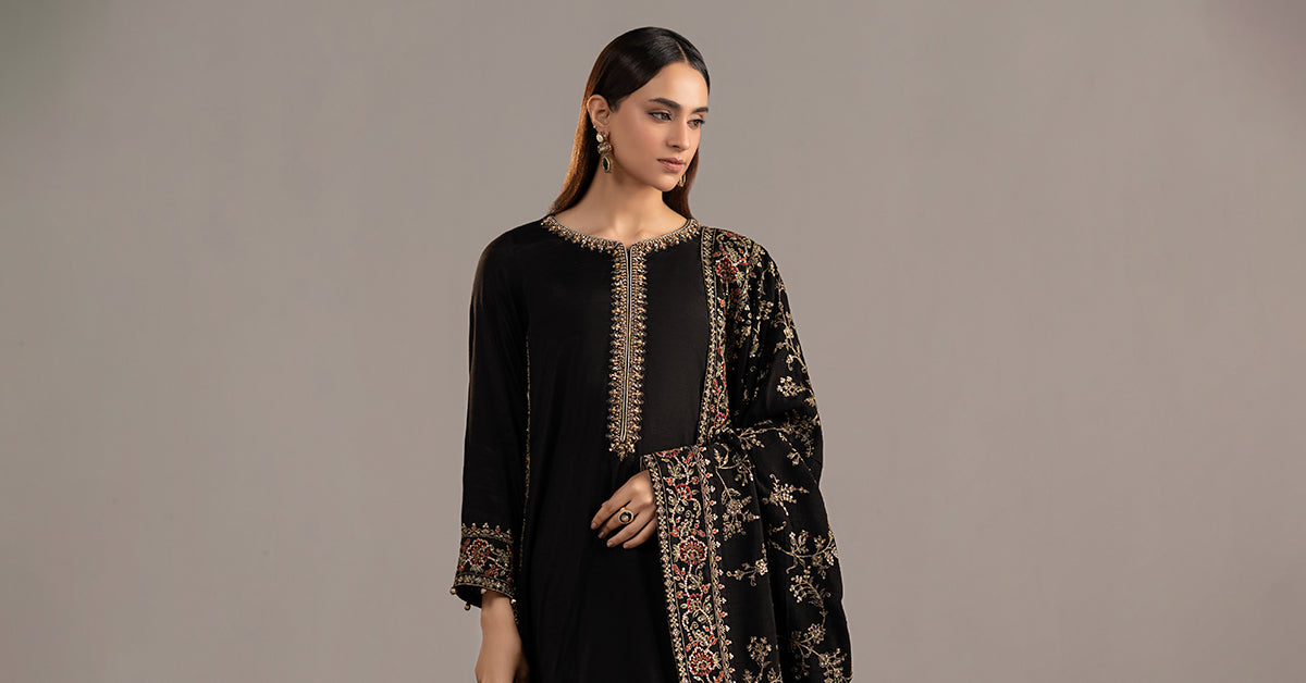 3 Piece Embroidered Raw Silk Suit