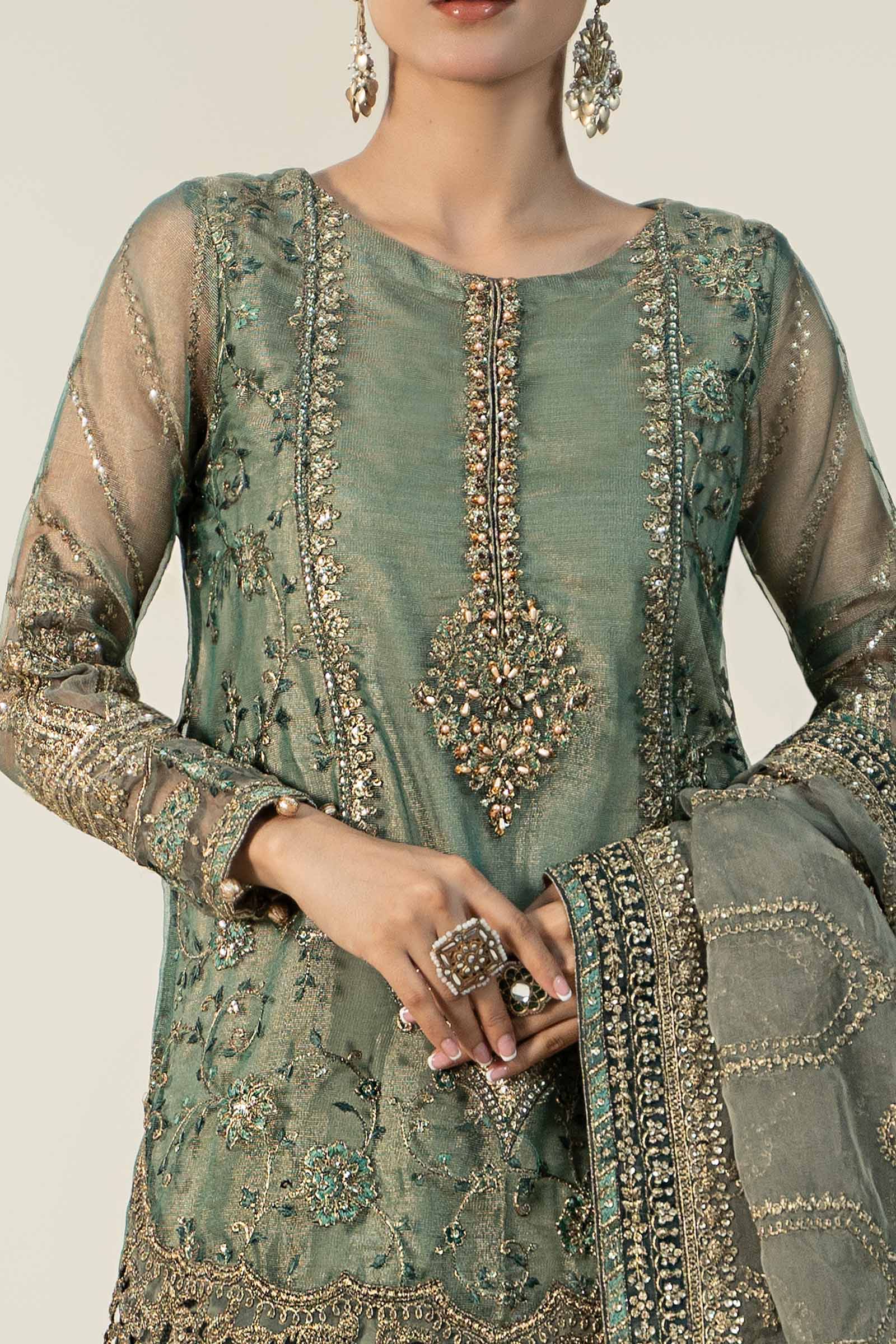 3 Piece Embroidered Zari Net Suit