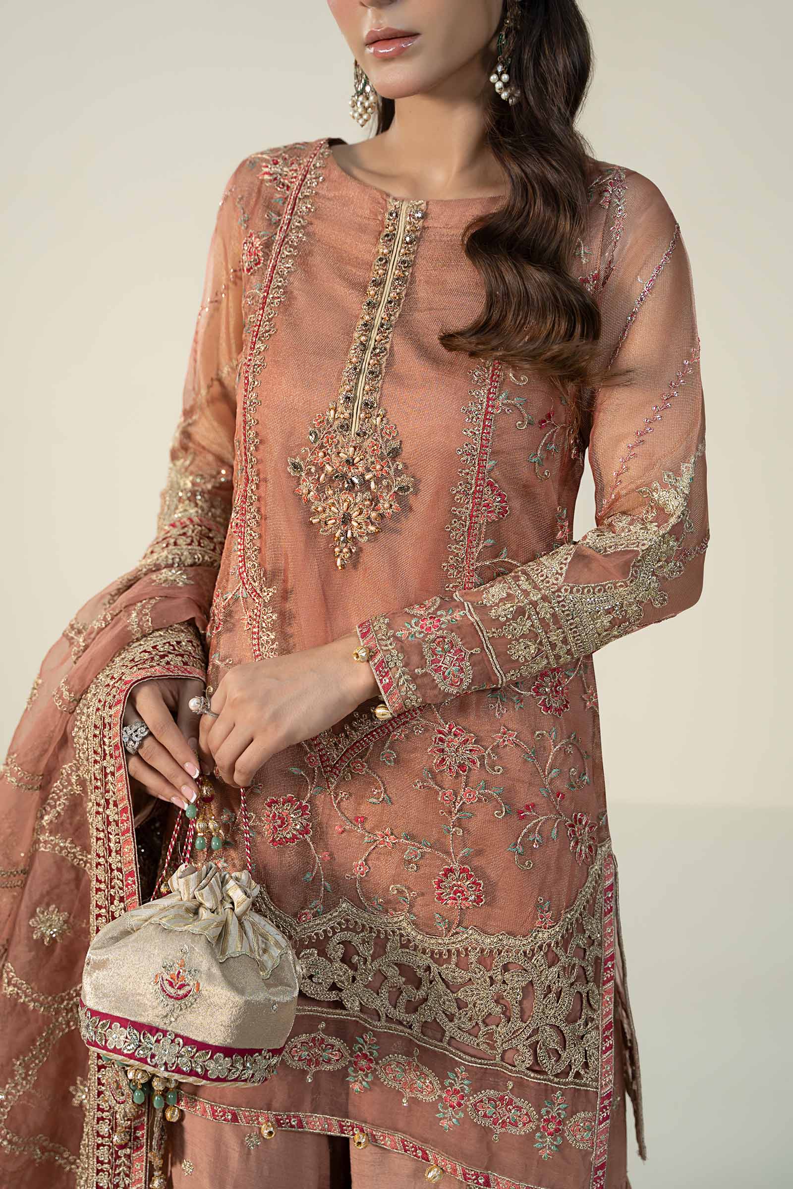 3 Piece Embroidered Zari Net Suit