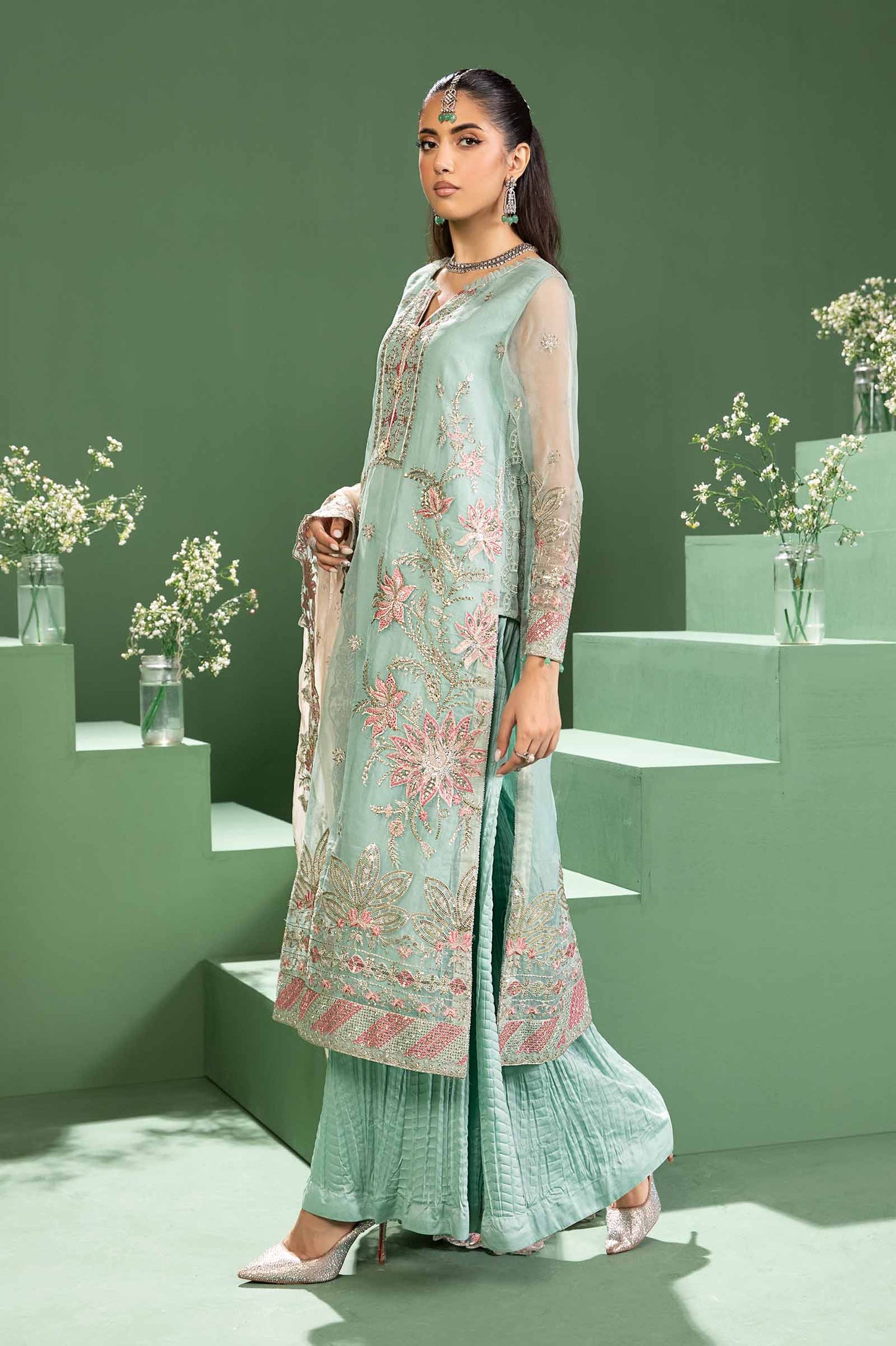 3 Piece Embroidered Raw Silk Suit