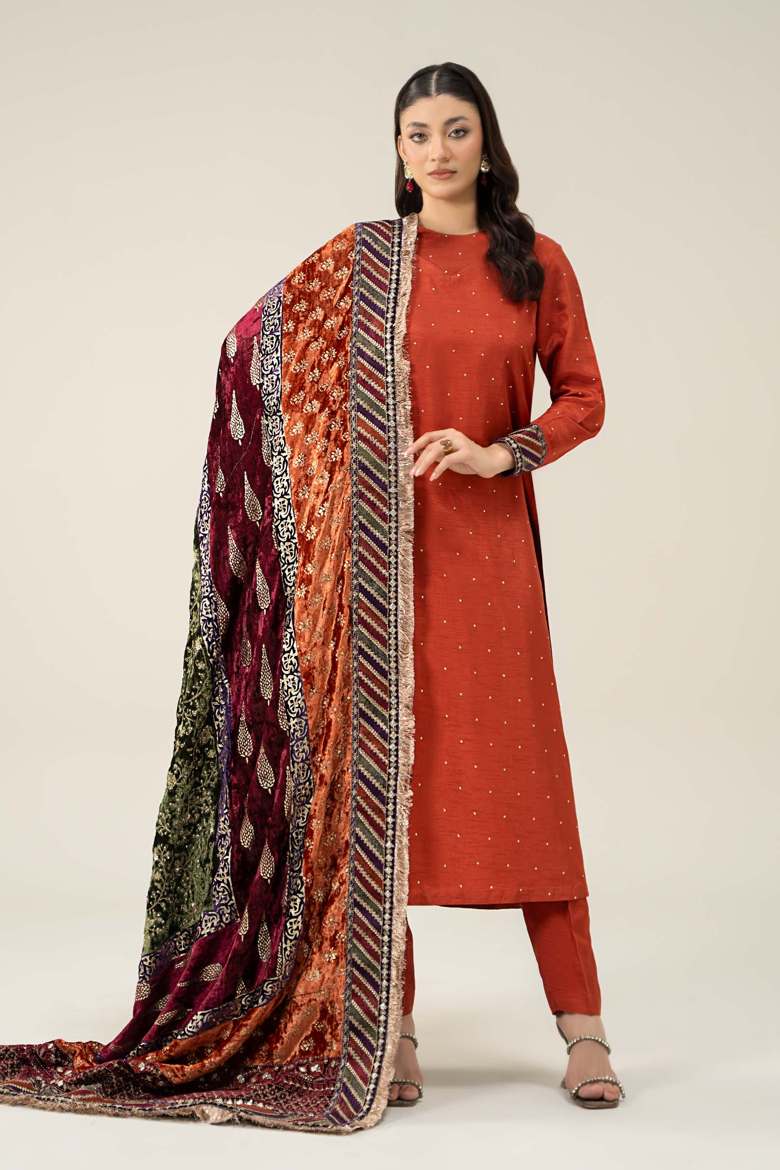 3 Piece Embroidered Raw Silk Suit