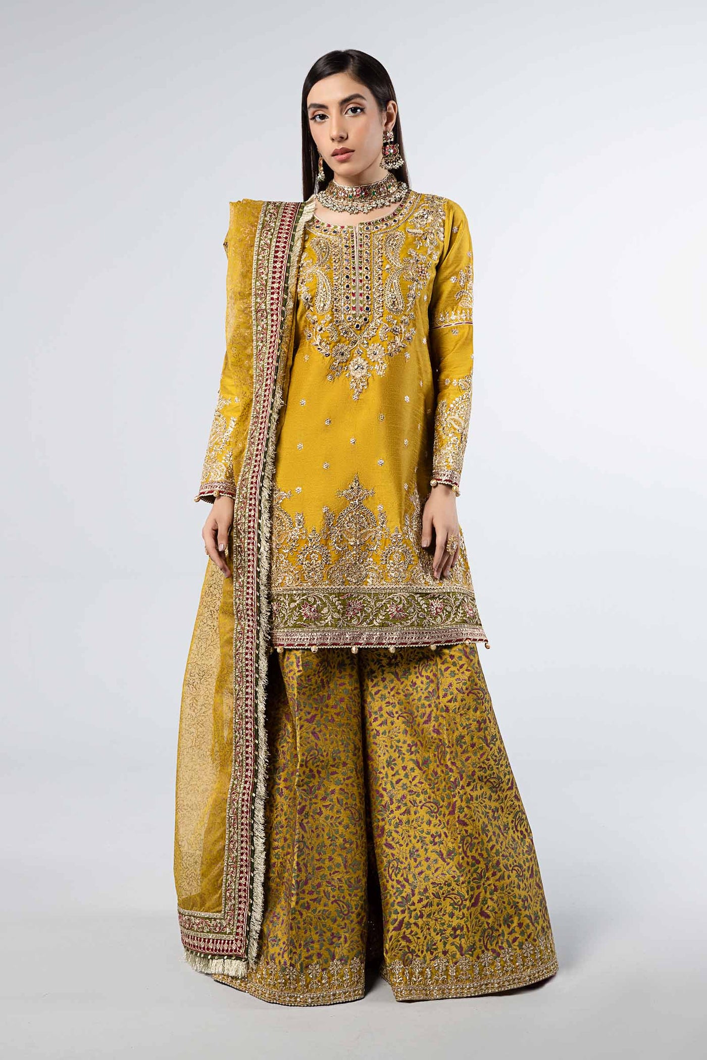 3 Piece Embroidered Raw Silk Suit | SF-W24-32