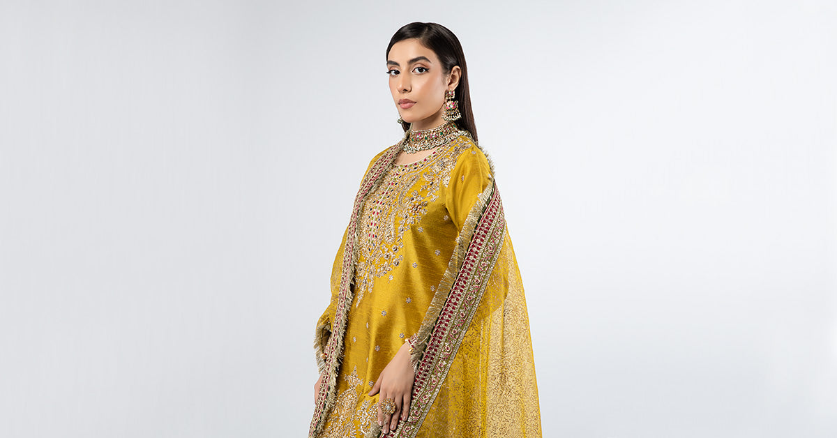 3 Piece Embroidered Raw Silk Suit | SF-W24-32