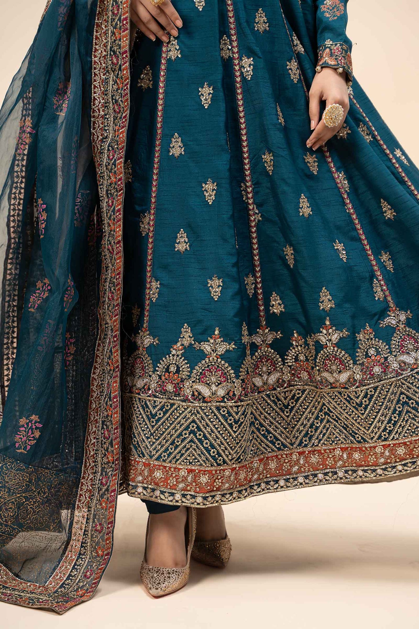 3 Piece Embroidered Raw Silk Suit