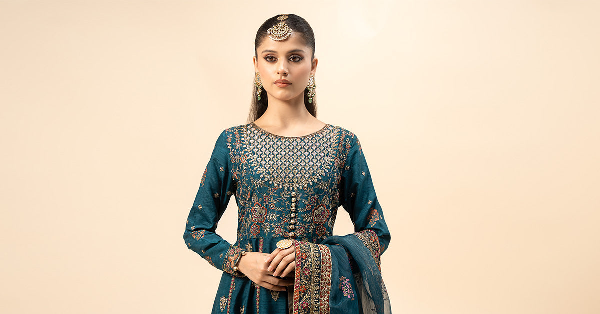 3 Piece Embroidered Raw Silk Suit | SF-W24-65
