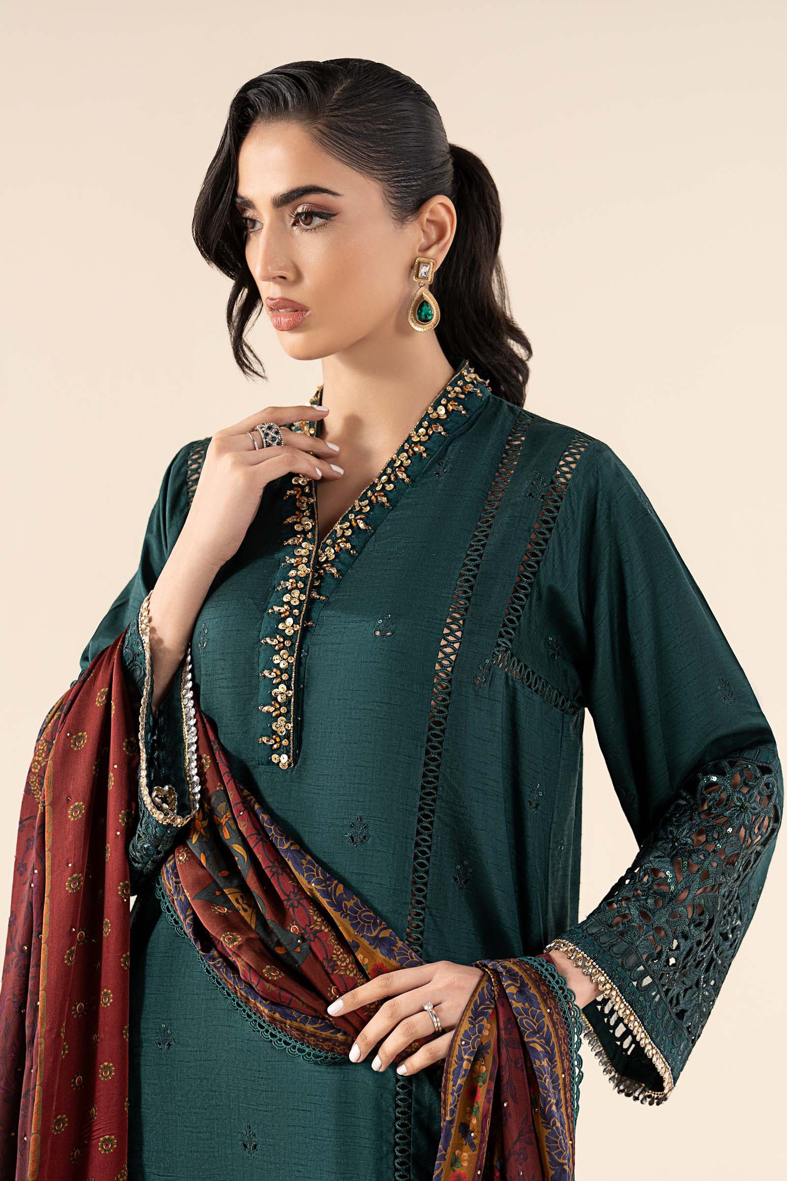 3 Piece Embroidered Raw Silk Suit