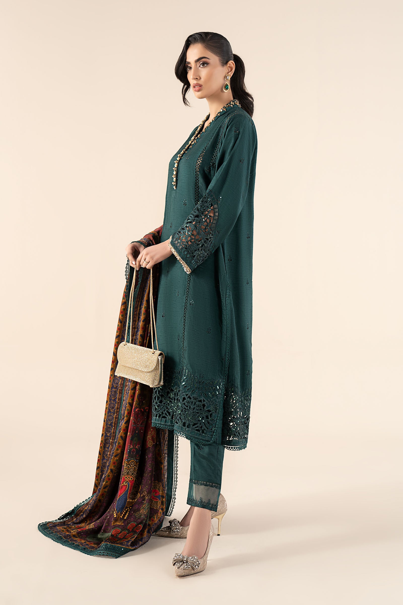 3 Piece Embroidered Raw Silk Suit