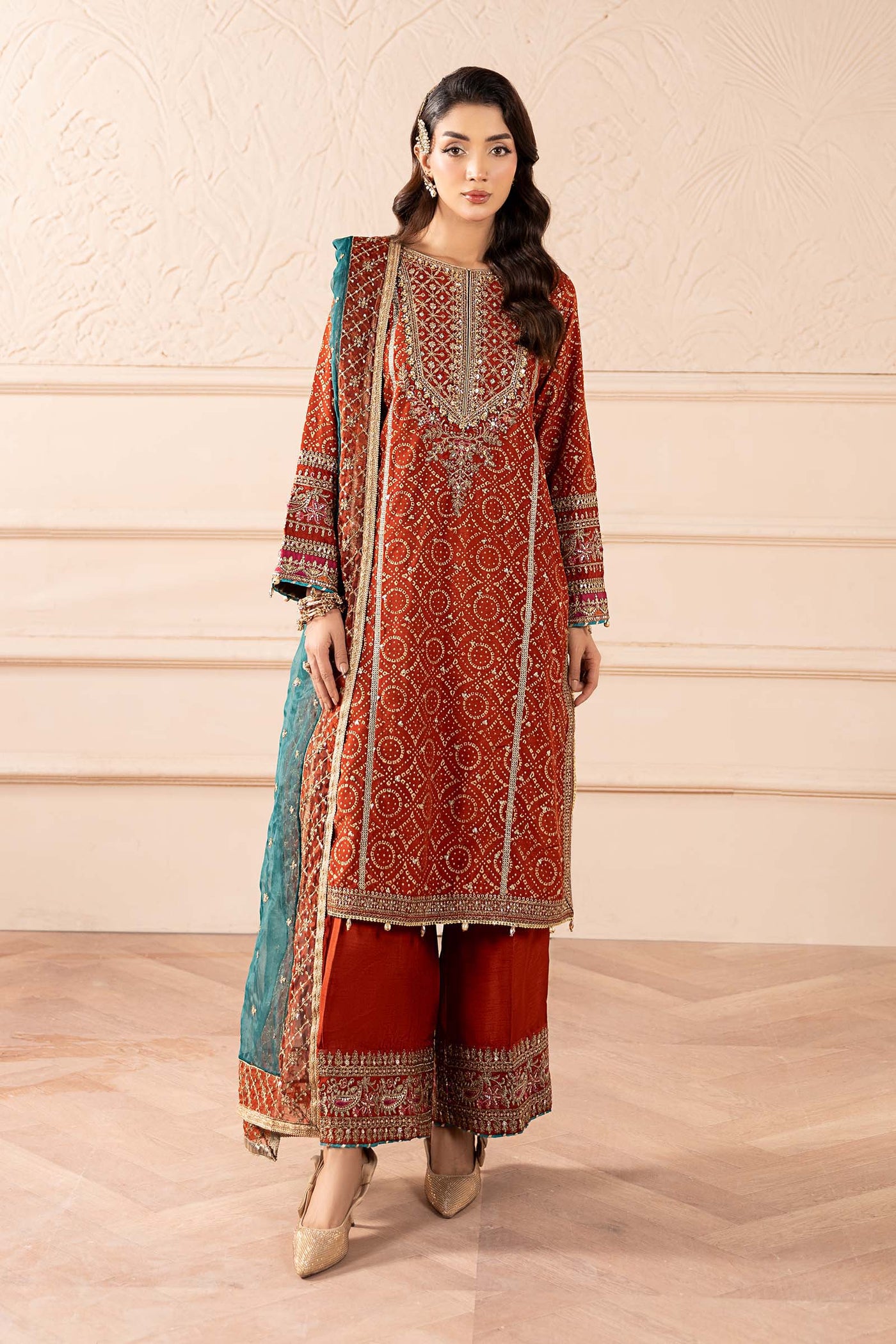 3 Piece Embroidered Raw Silk Suit